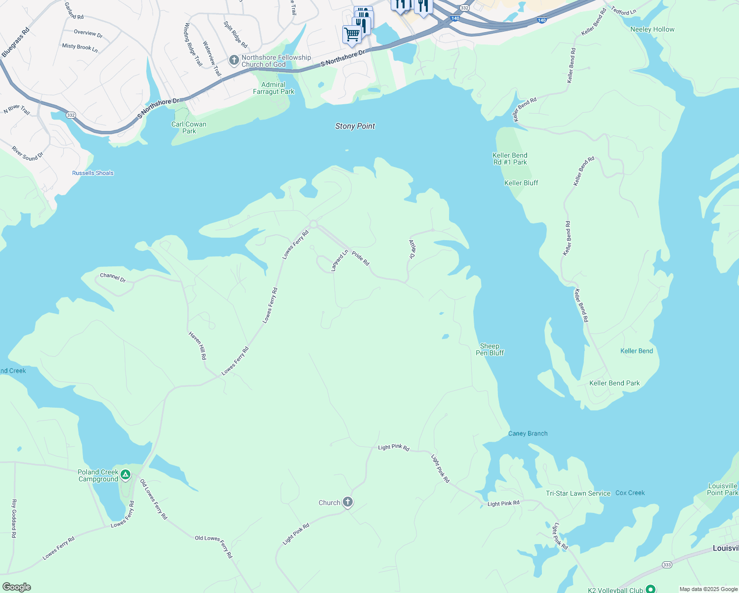 map of restaurants, bars, coffee shops, grocery stores, and more near 3432 Lanyard Lane in Louisville