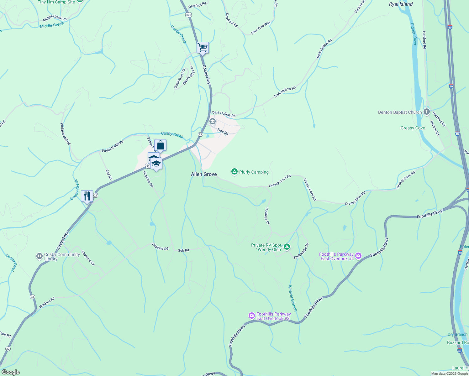 map of restaurants, bars, coffee shops, grocery stores, and more near 2480 Perilla Road in Cosby