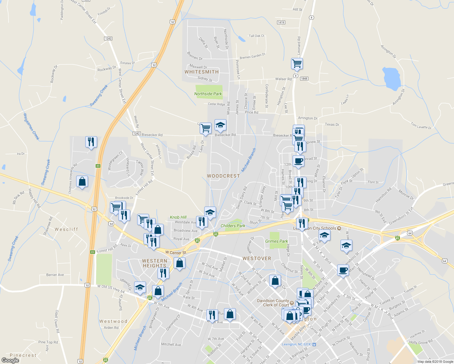 map of restaurants, bars, coffee shops, grocery stores, and more near 108 Woodhaven Drive in Lexington