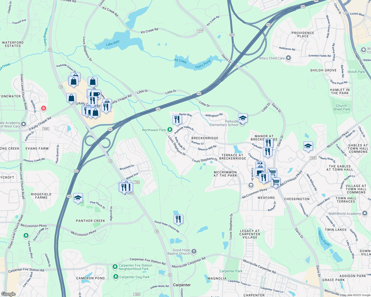 map of restaurants, bars, coffee shops, grocery stores, and more near 521 Ruby Walk Drive in Morrisville