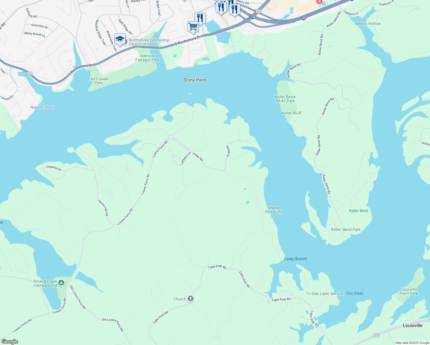 map of restaurants, bars, coffee shops, grocery stores, and more near 3432 Lanyard Lane in Louisville