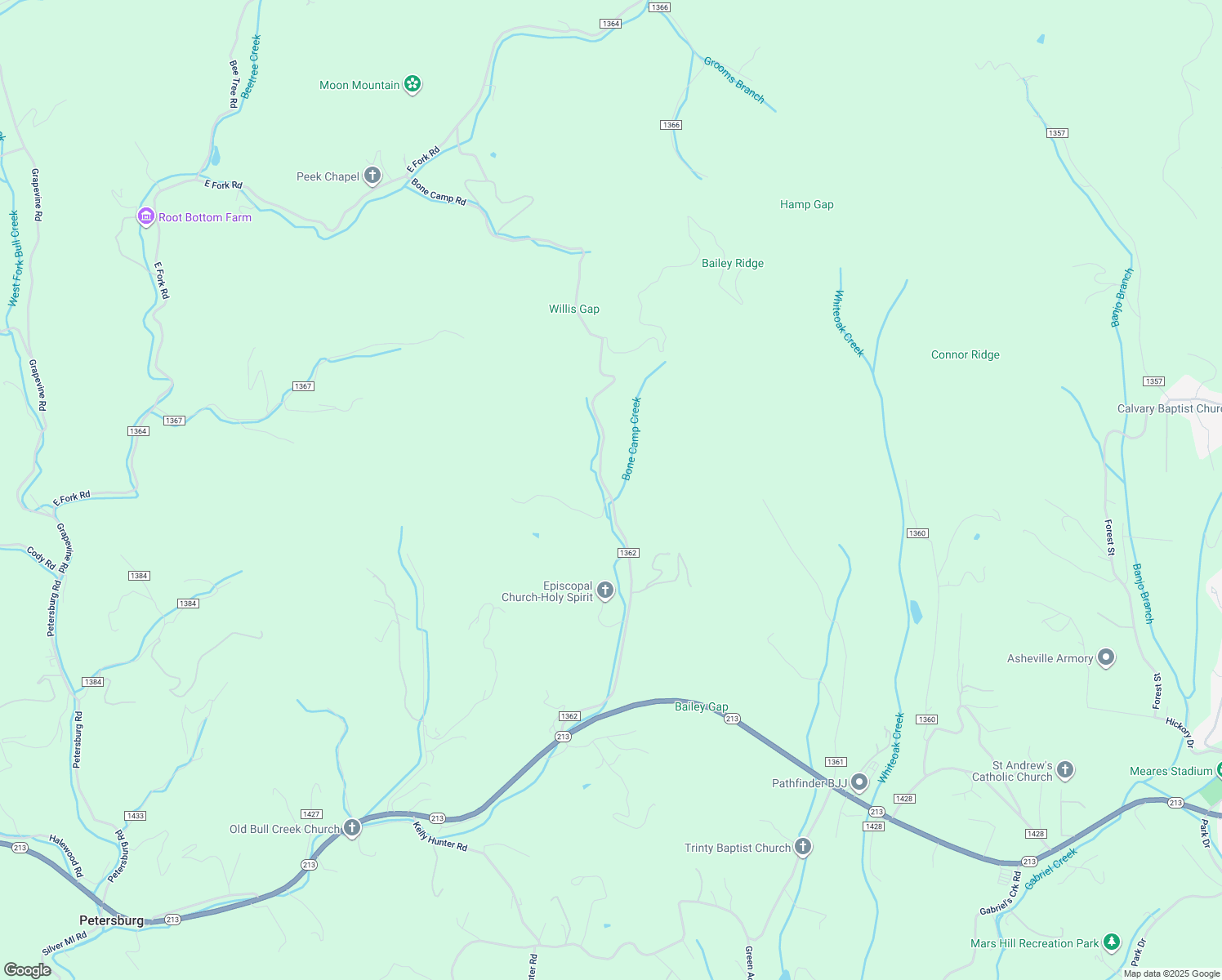 map of restaurants, bars, coffee shops, grocery stores, and more near Bone Camp Road in Marshall