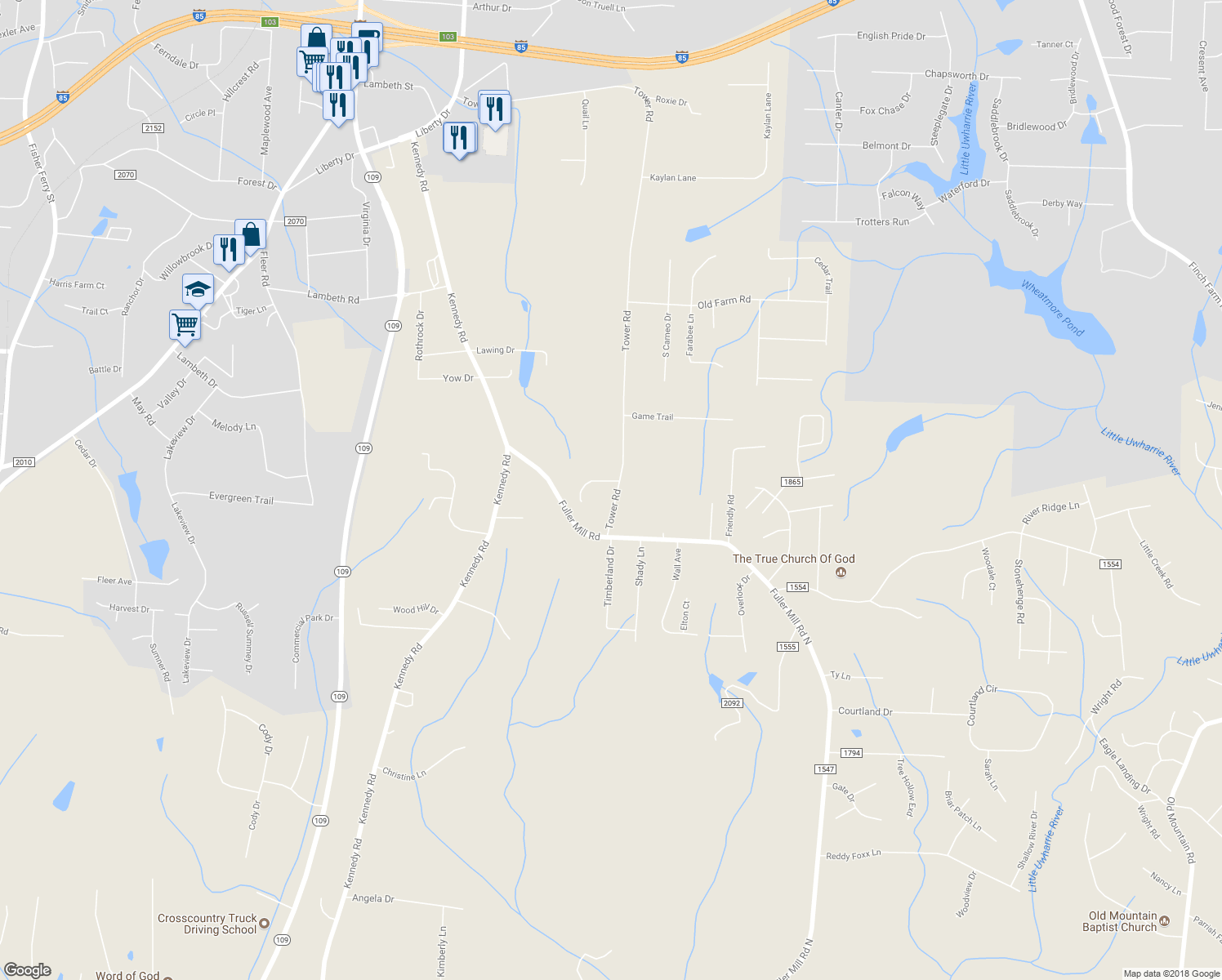 map of restaurants, bars, coffee shops, grocery stores, and more near 113 Olde Forest Court in Thomasville