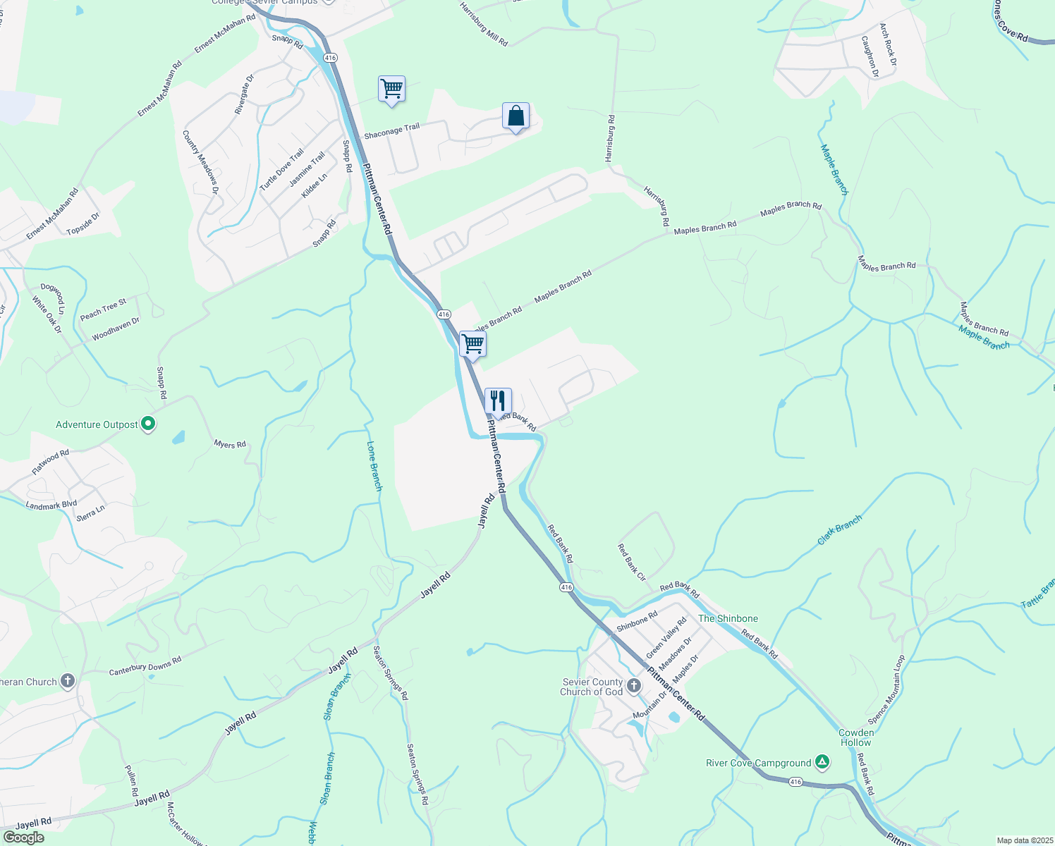 map of restaurants, bars, coffee shops, grocery stores, and more near 2025 Red Bank Rd in Sevierville