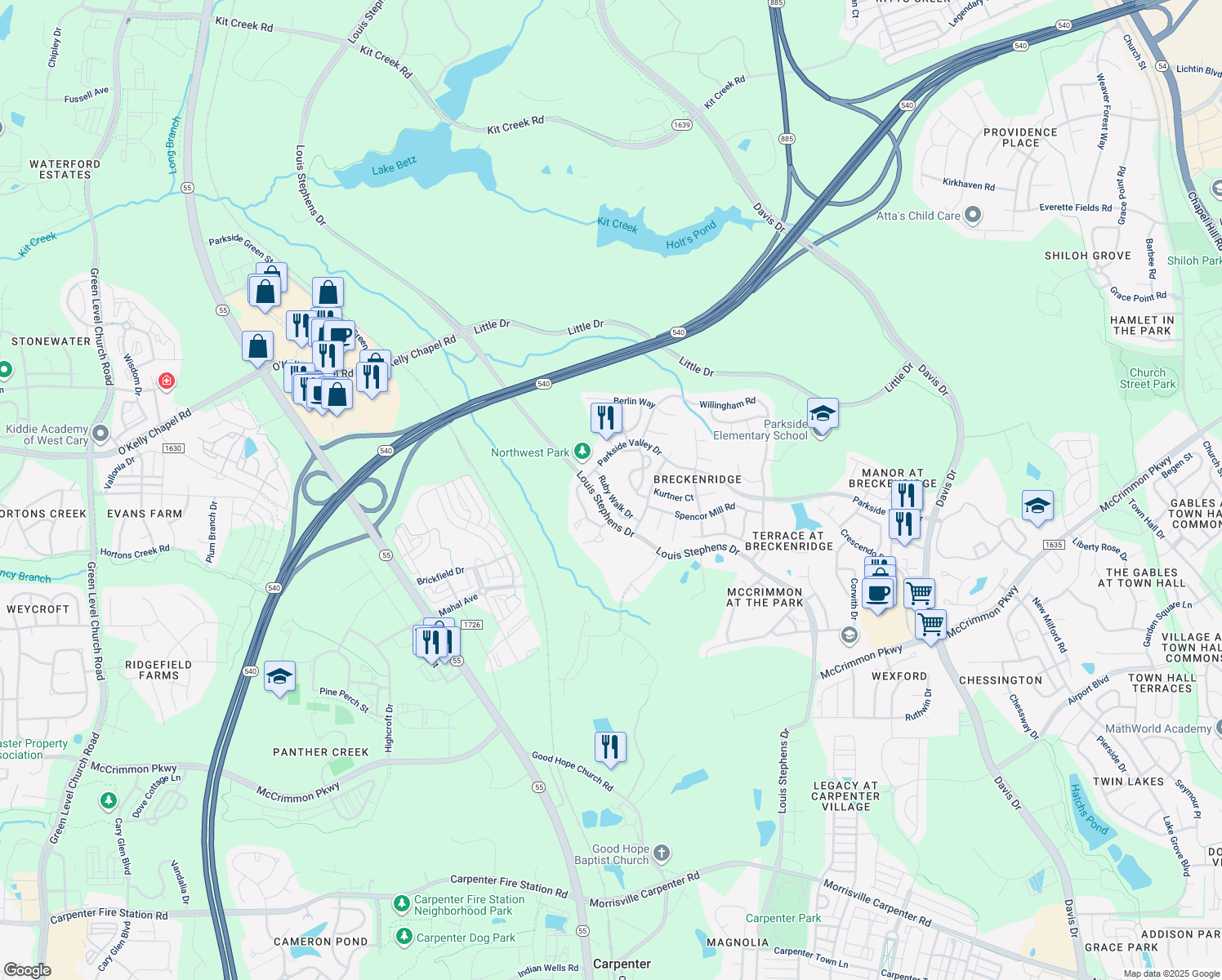 map of restaurants, bars, coffee shops, grocery stores, and more near 229 Ruby Walk Dr in Morrisville