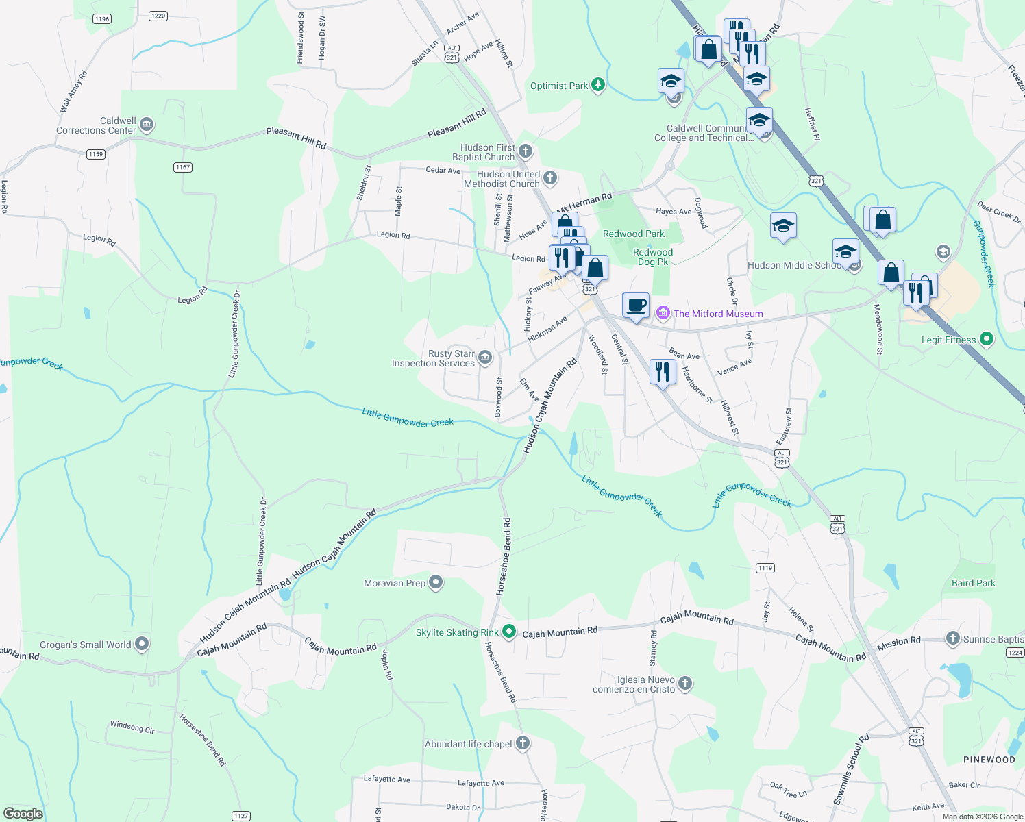 map of restaurants, bars, coffee shops, grocery stores, and more near 522 Boxwood Street in Hudson