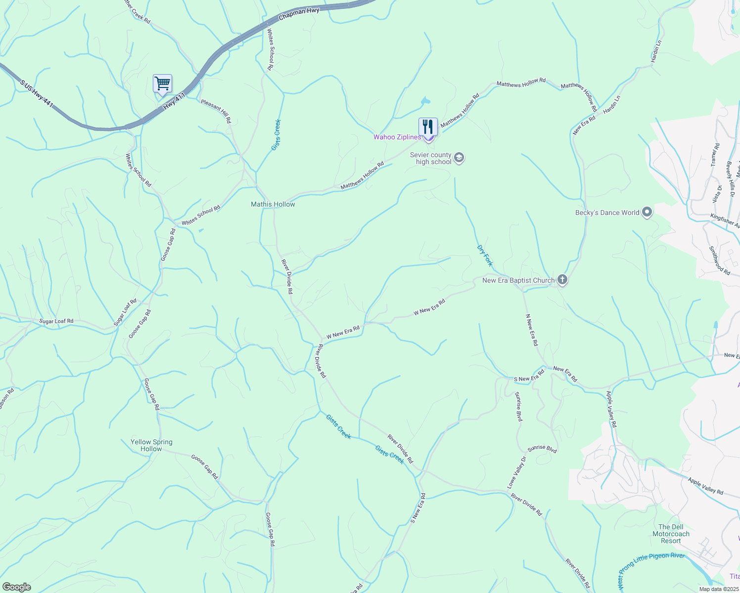 map of restaurants, bars, coffee shops, grocery stores, and more near 510 Gospel Way in Sevierville