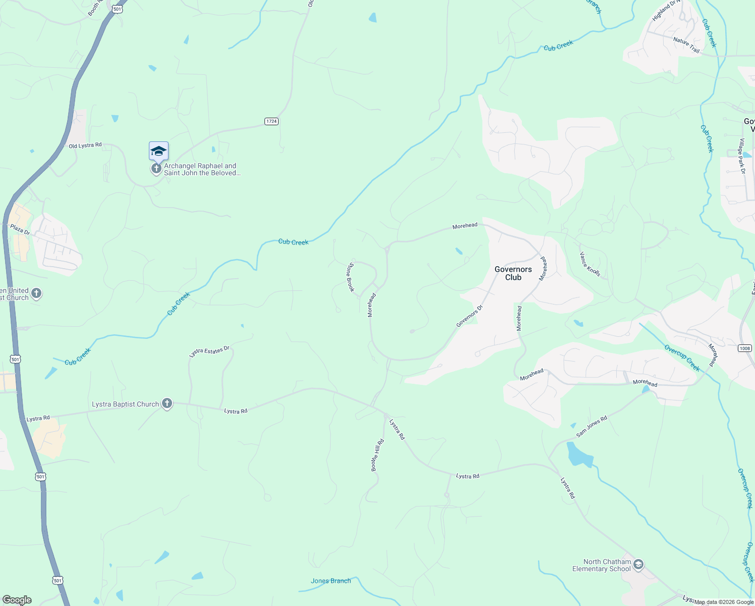 map of restaurants, bars, coffee shops, grocery stores, and more near 16106 Morehead in Chapel Hill