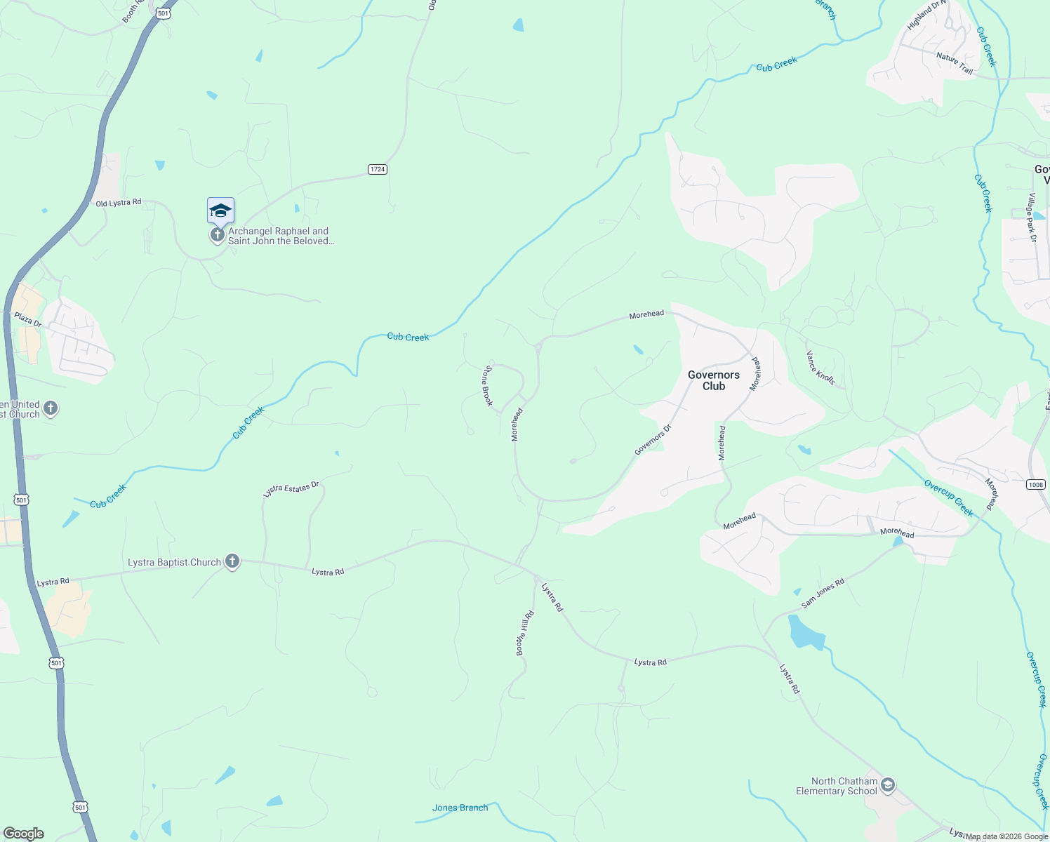 map of restaurants, bars, coffee shops, grocery stores, and more near 16106 Morehead in Chapel Hill