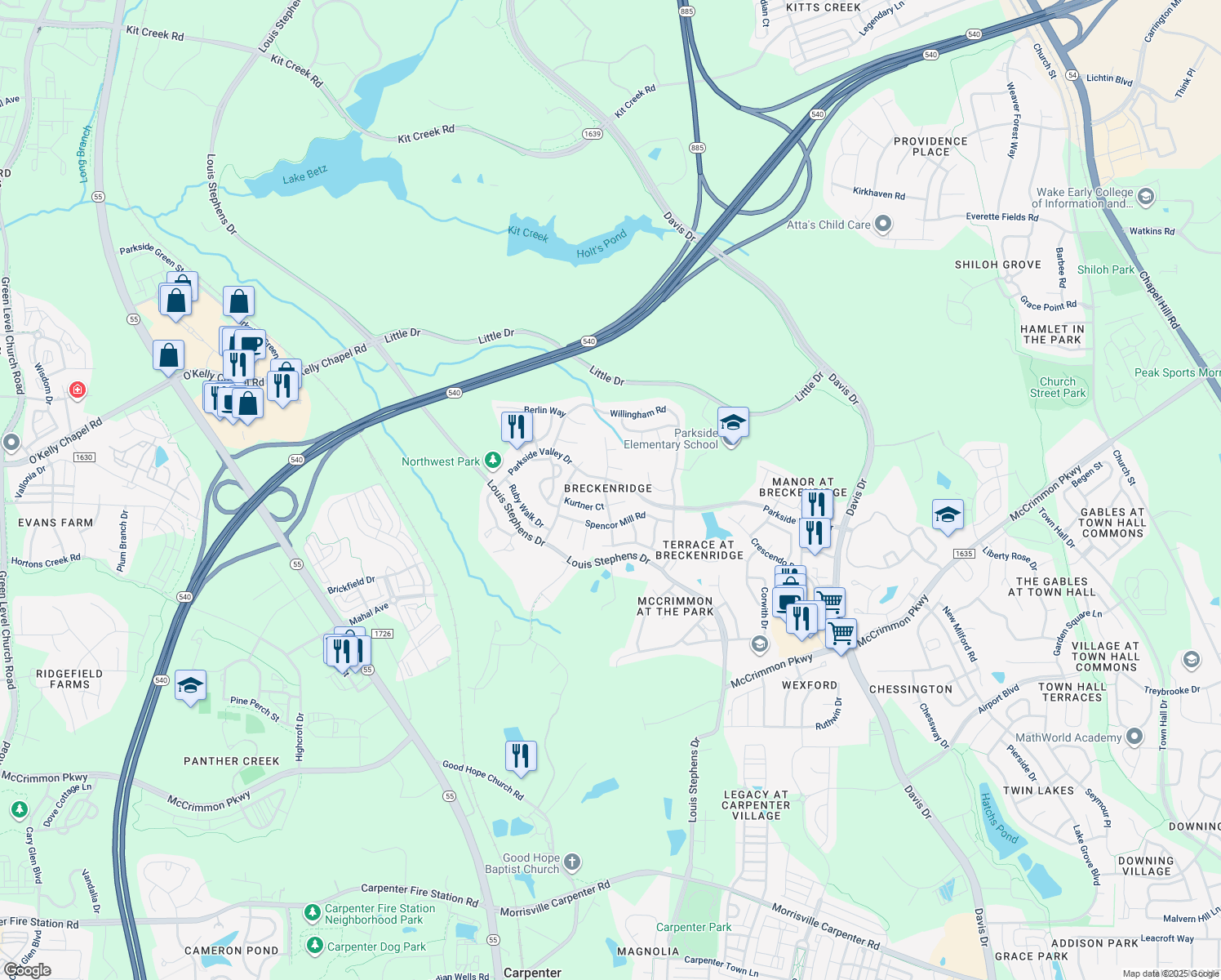 map of restaurants, bars, coffee shops, grocery stores, and more near 103 Masterwood Way in Morrisville