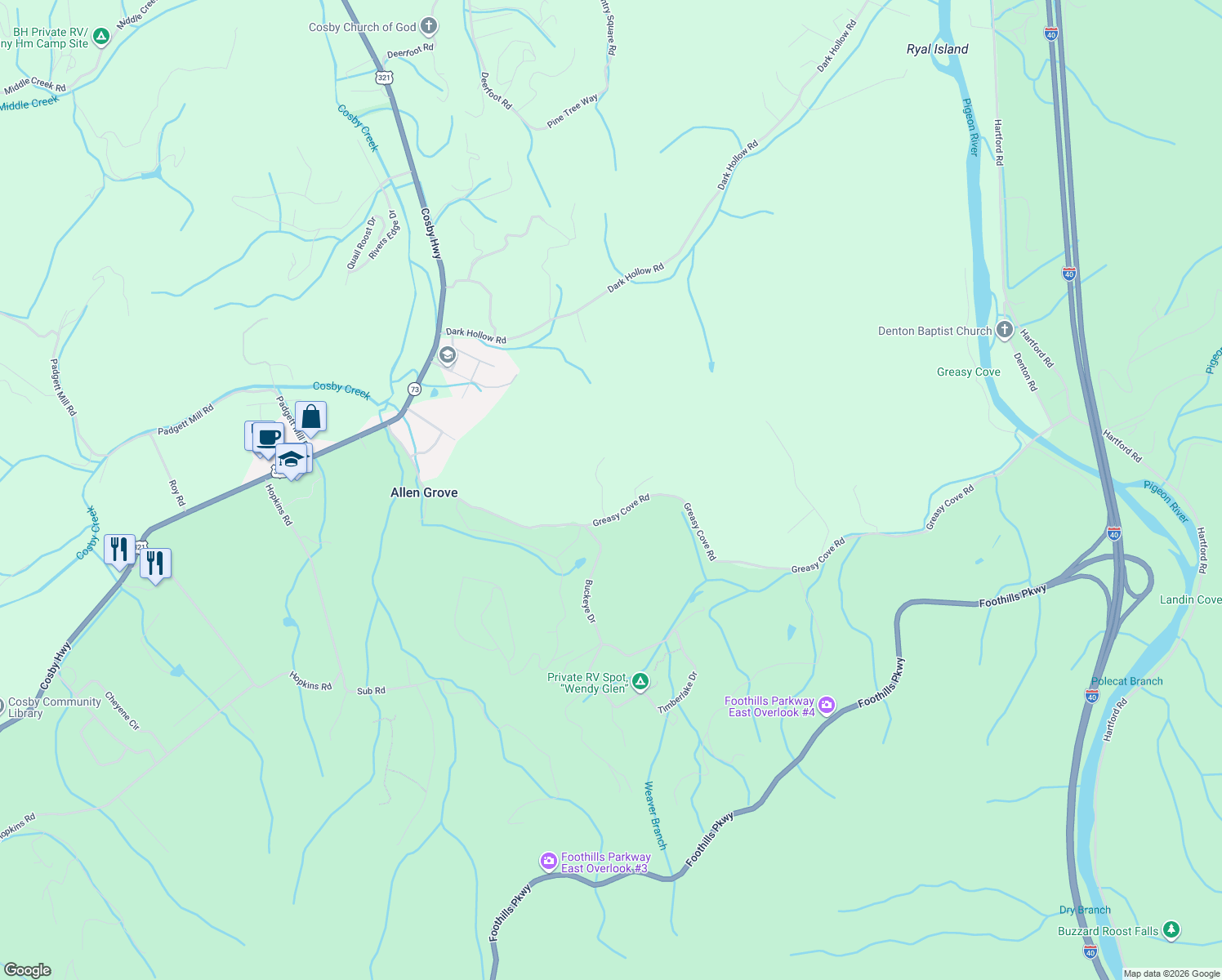 map of restaurants, bars, coffee shops, grocery stores, and more near 1009 Country Mountain Road in Cosby
