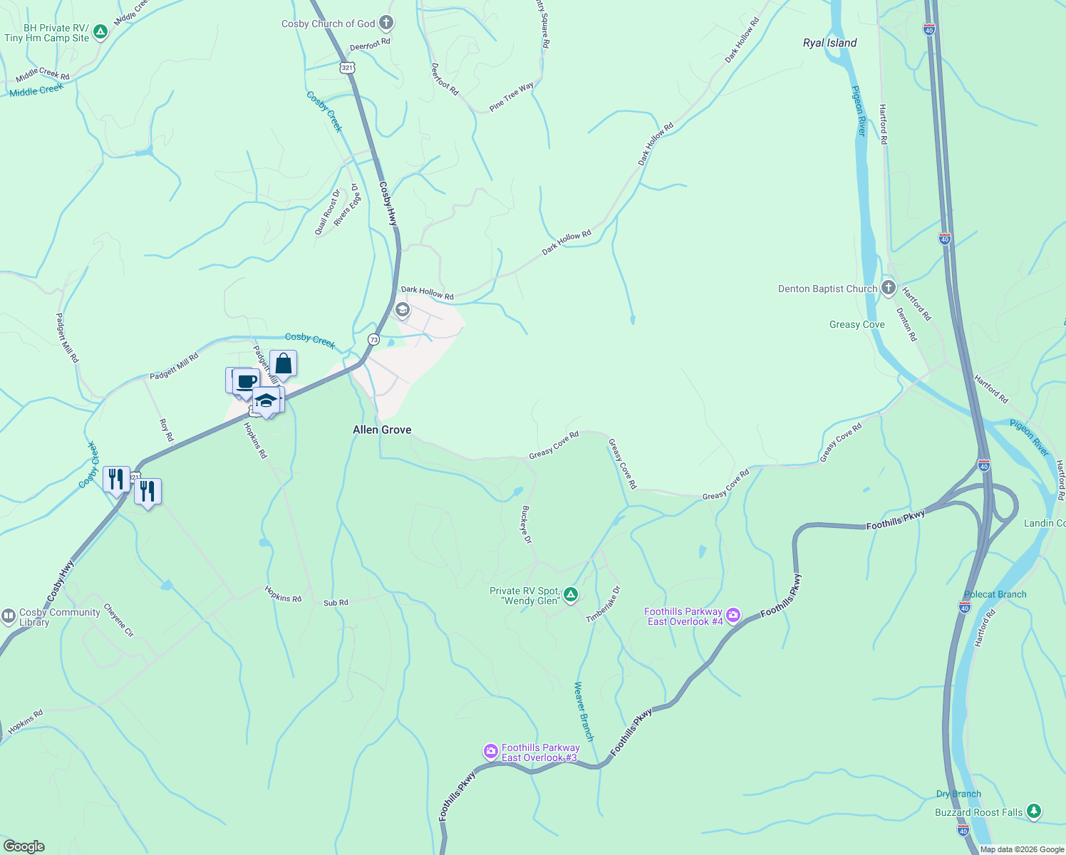 map of restaurants, bars, coffee shops, grocery stores, and more near 1009 Country Mountain Road in Cosby