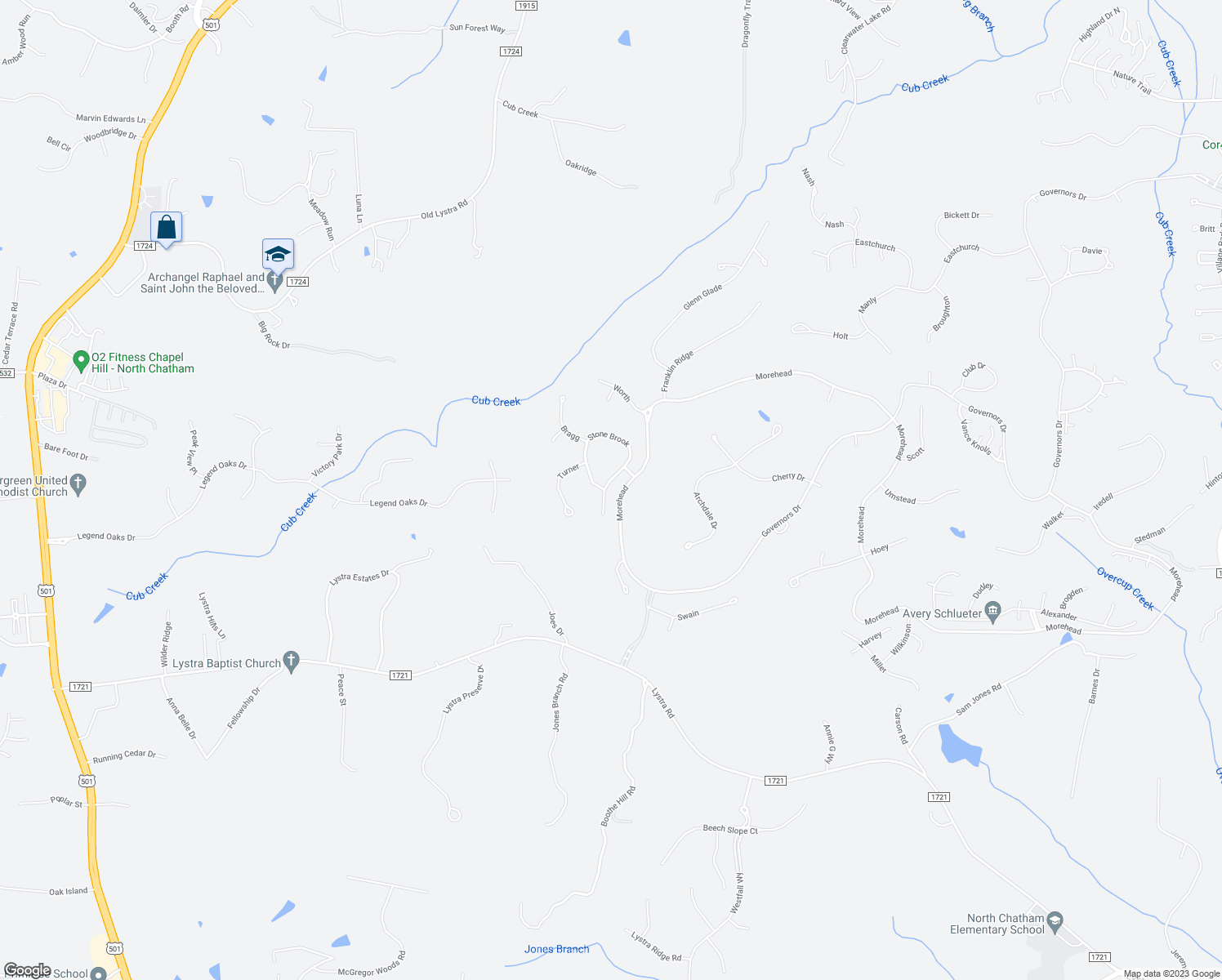 map of restaurants, bars, coffee shops, grocery stores, and more near 19240 Stone Brook in Chapel Hill