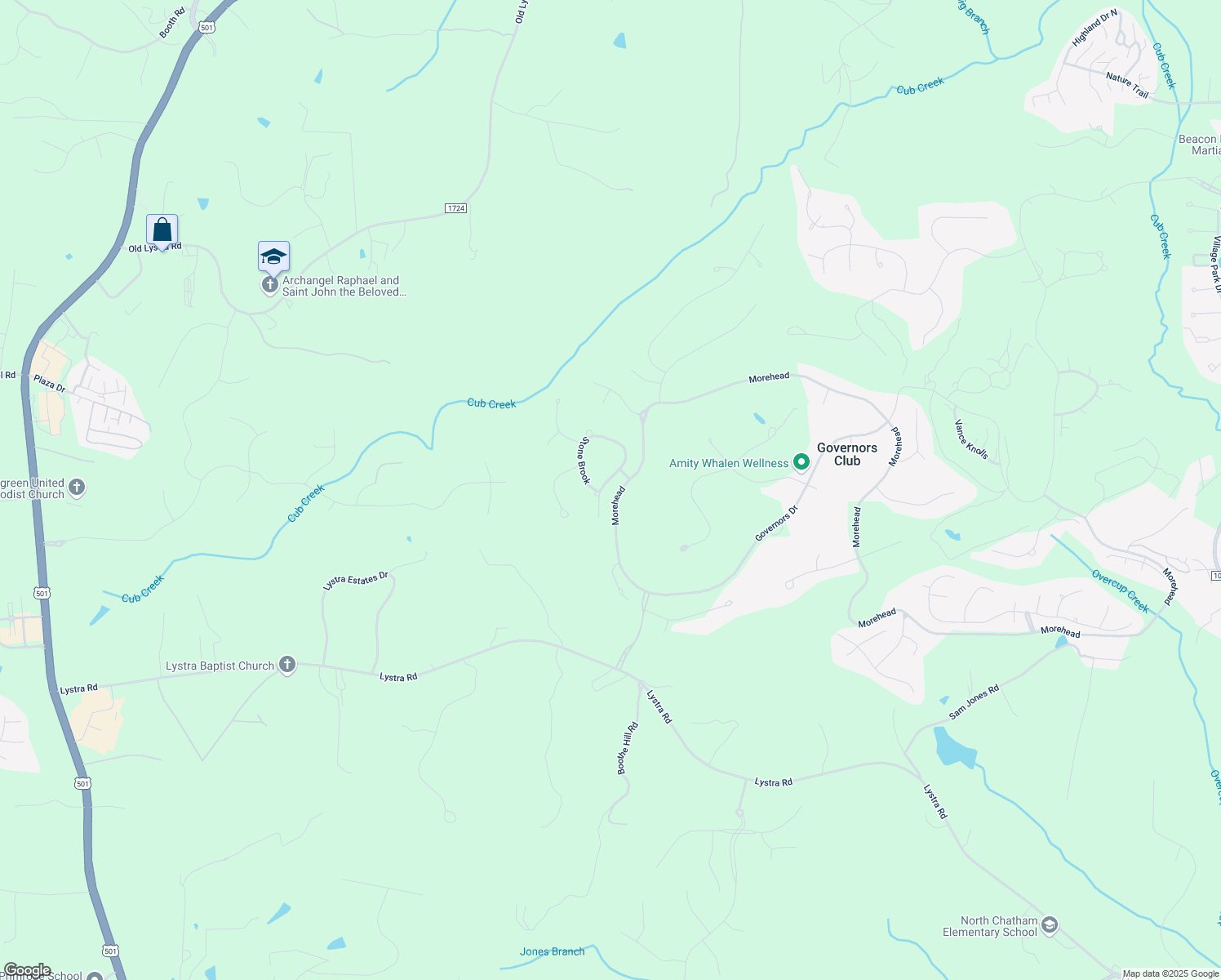 map of restaurants, bars, coffee shops, grocery stores, and more near 19236 Stone Brook in Chapel Hill