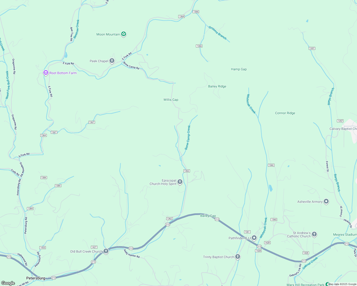 map of restaurants, bars, coffee shops, grocery stores, and more near Bone Camp Road in Marshall