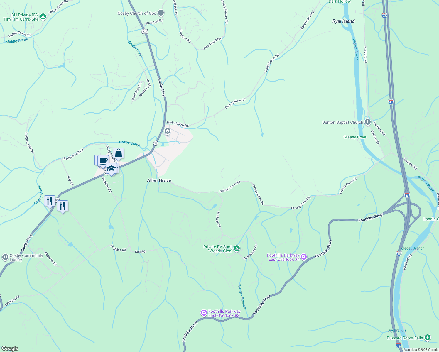 map of restaurants, bars, coffee shops, grocery stores, and more near 1009 Country Mountain Road in Cosby