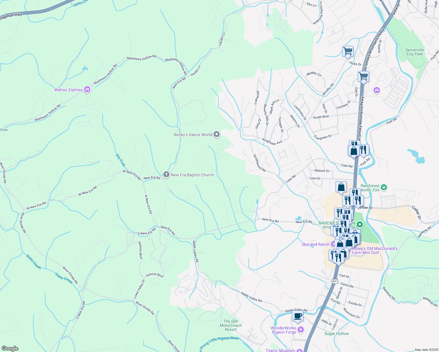map of restaurants, bars, coffee shops, grocery stores, and more near Bluebird Cove Way in Sevierville