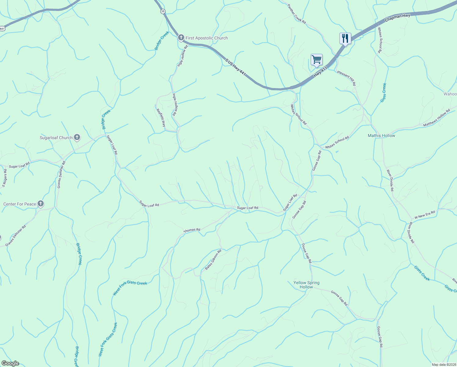 map of restaurants, bars, coffee shops, grocery stores, and more near 640 Magic Kingdom Lane in Sevierville