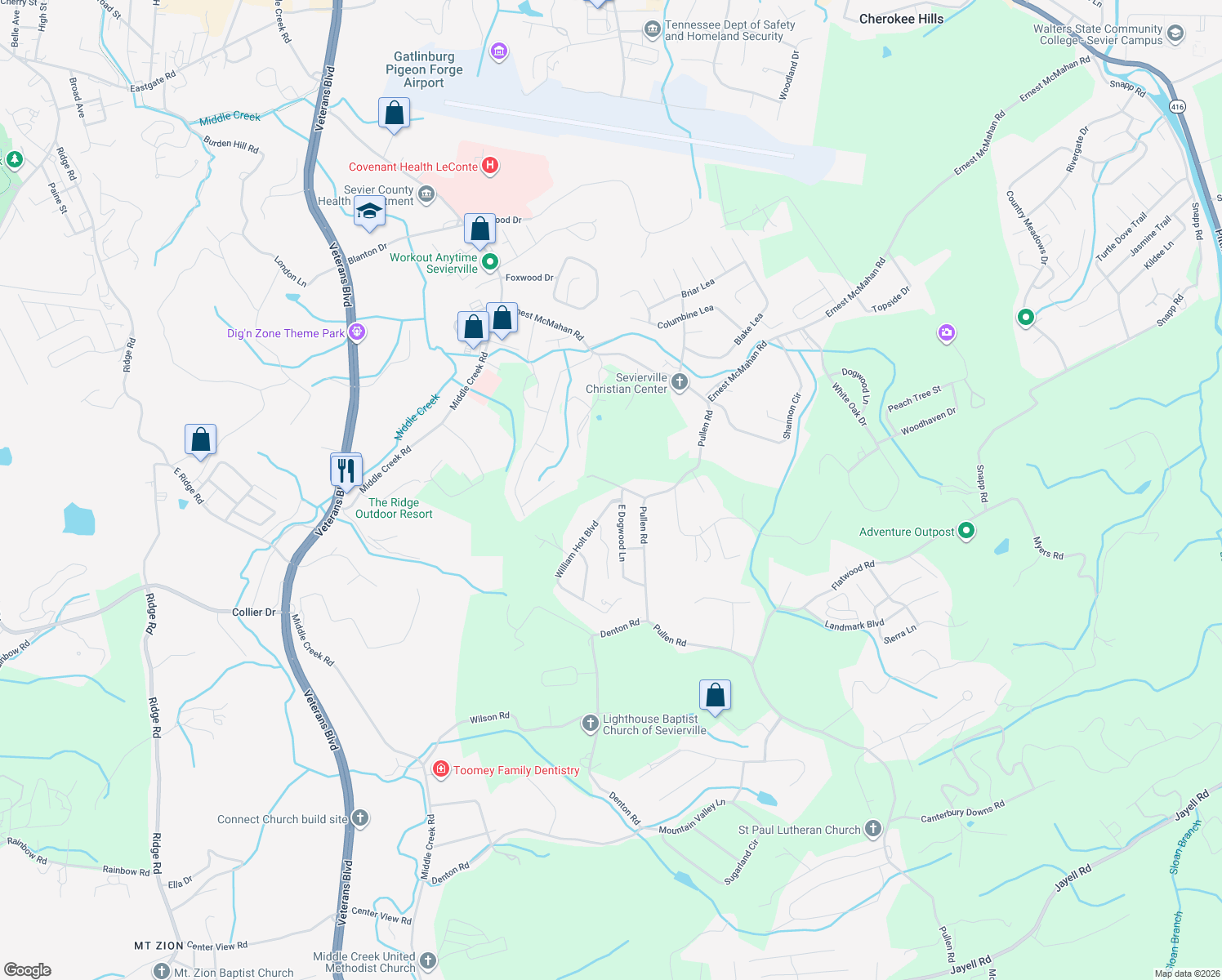 map of restaurants, bars, coffee shops, grocery stores, and more near 1426 William Holt Boulevard in Sevierville