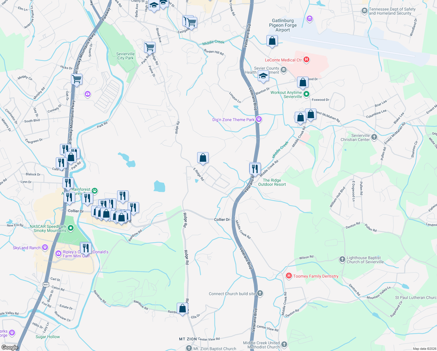 map of restaurants, bars, coffee shops, grocery stores, and more near 1217 Roberts Road in Sevierville