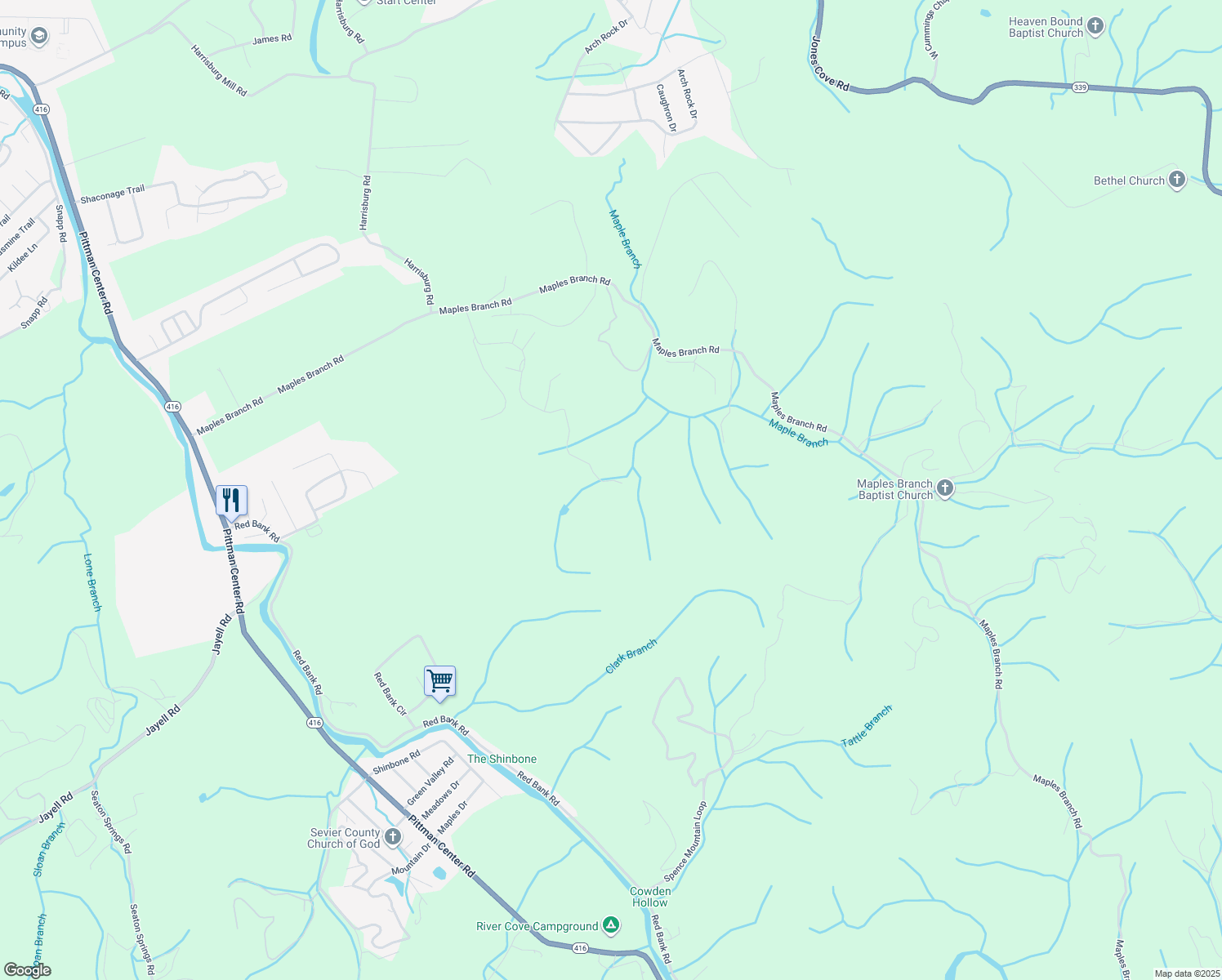 map of restaurants, bars, coffee shops, grocery stores, and more near 1038 Boardly Hills Boulevard in Pigeon Forge