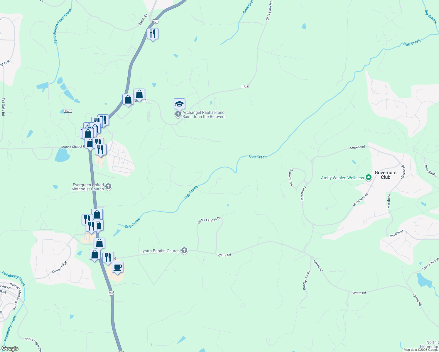 map of restaurants, bars, coffee shops, grocery stores, and more near 79 Oldham Estate Drive in Chapel Hill
