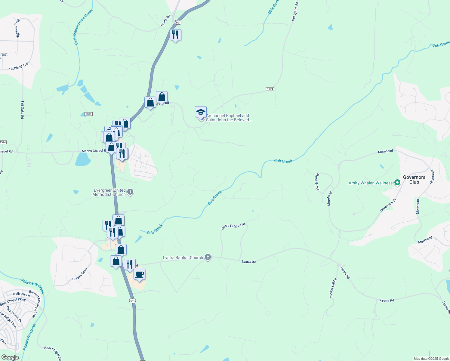 map of restaurants, bars, coffee shops, grocery stores, and more near Victory Park Drive in Chapel Hill