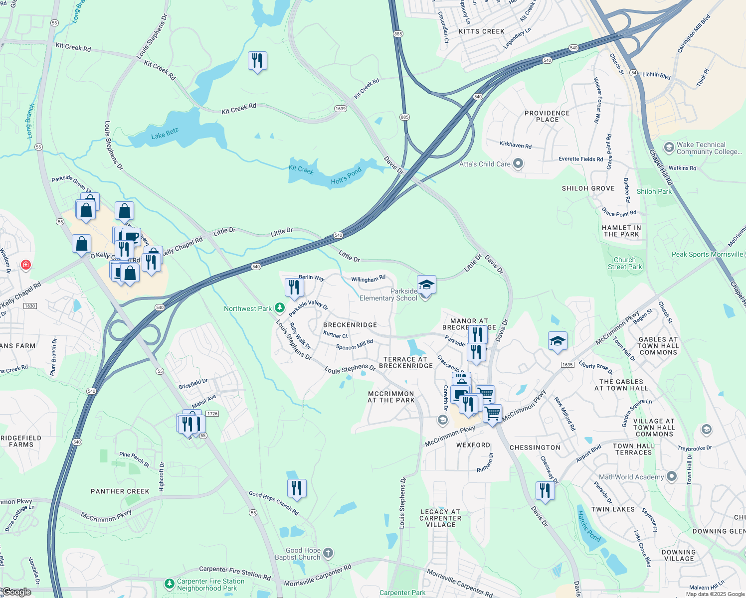 map of restaurants, bars, coffee shops, grocery stores, and more near 107 Apple Cart Way in Morrisville