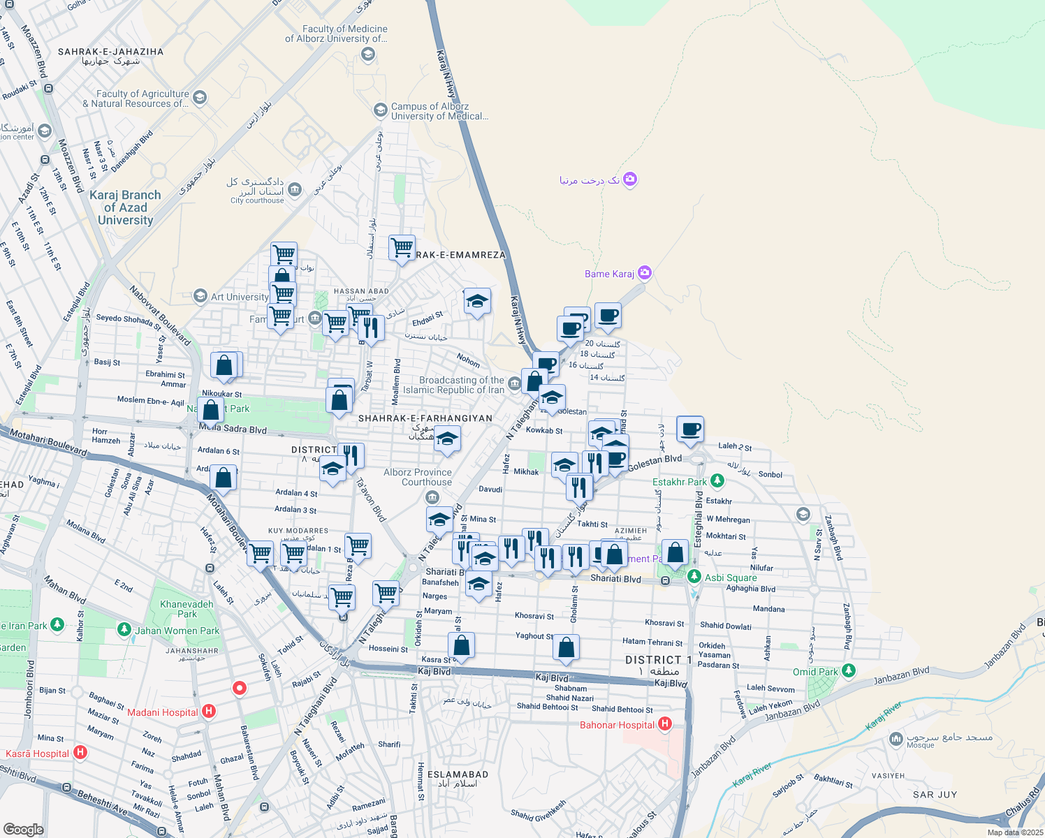 map of restaurants, bars, coffee shops, grocery stores, and more near North Taleghani Boulevard in Karaj