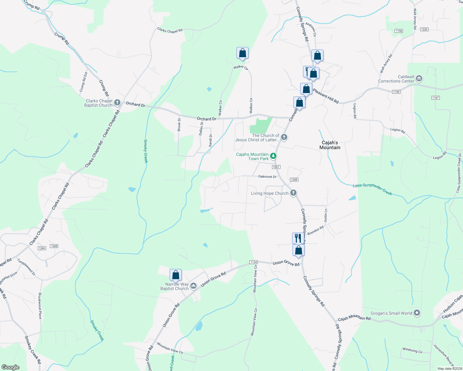 map of restaurants, bars, coffee shops, grocery stores, and more near 1656 Oakmont Drive in Lenoir