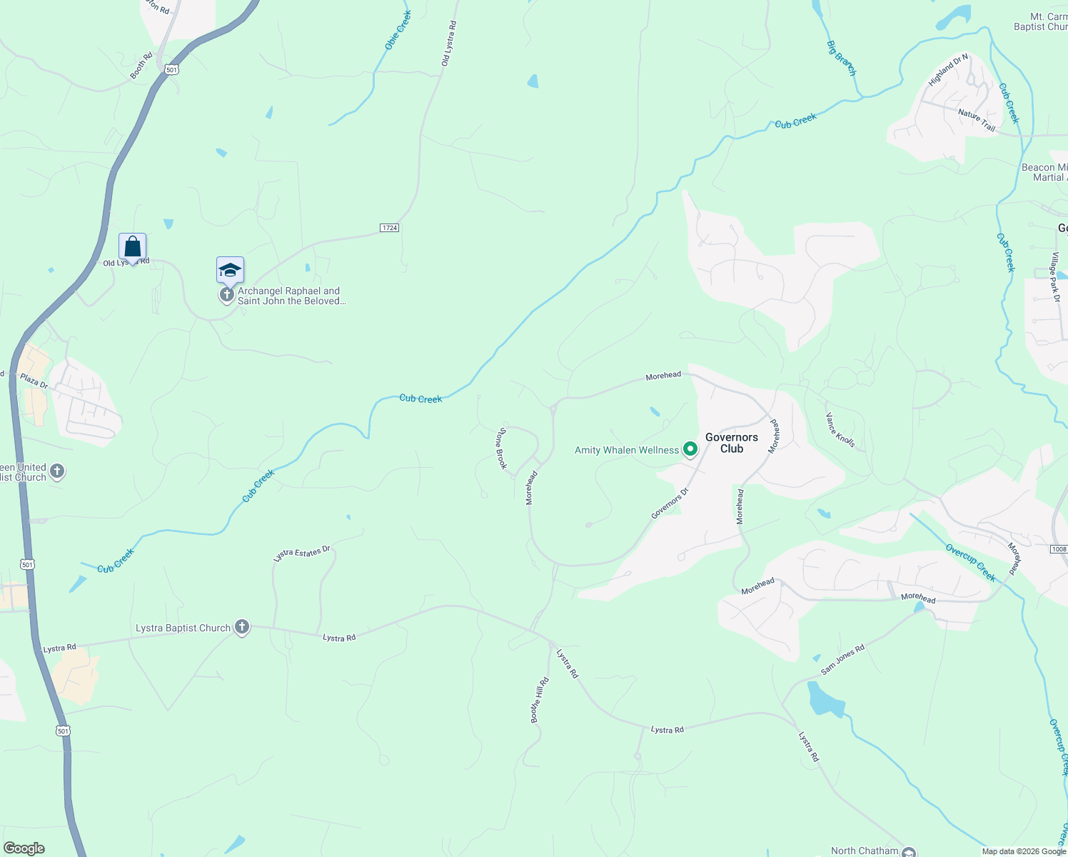 map of restaurants, bars, coffee shops, grocery stores, and more near 19016 Stone Brook in Chapel Hill