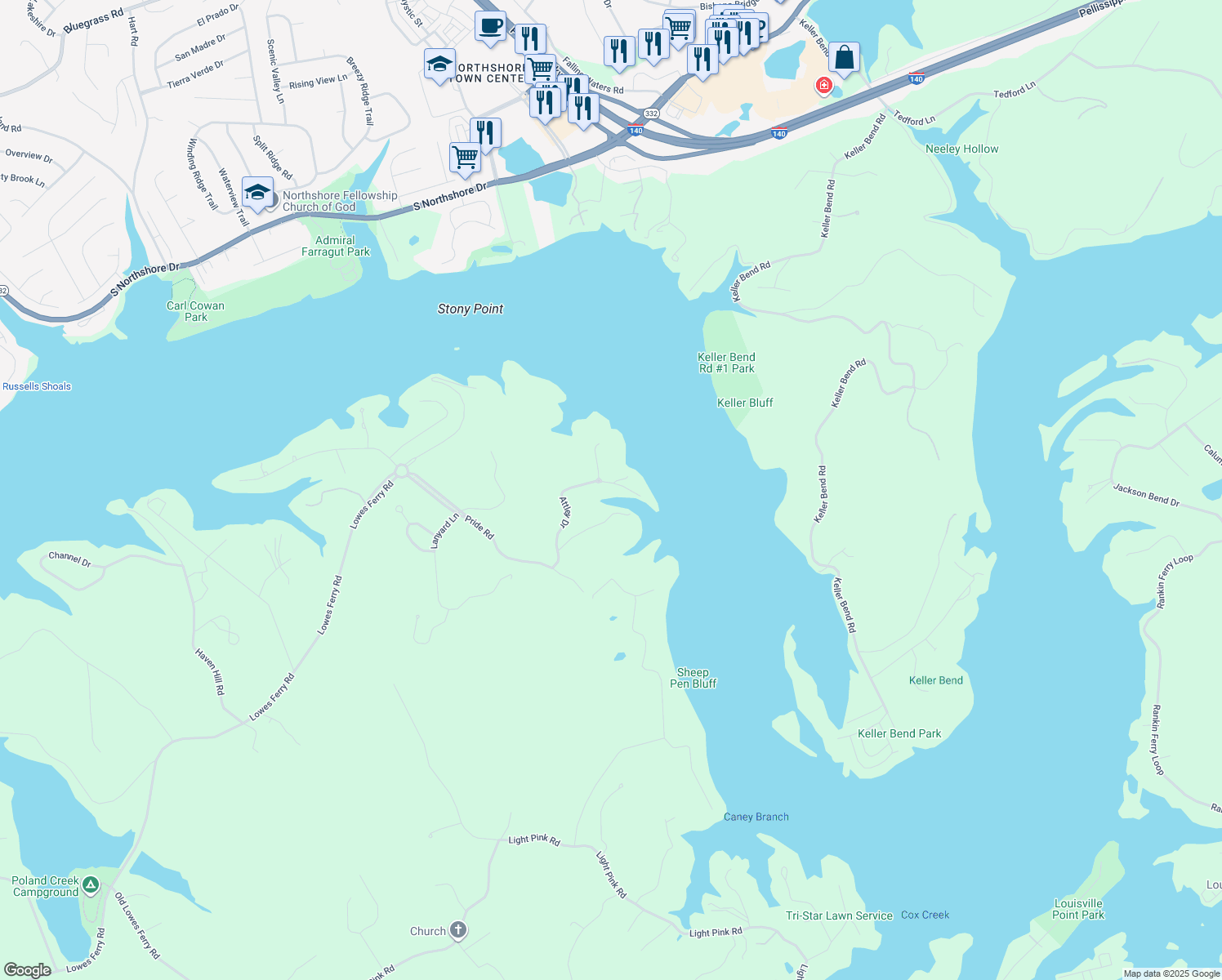 map of restaurants, bars, coffee shops, grocery stores, and more near 3850 Attley Drive in Louisville