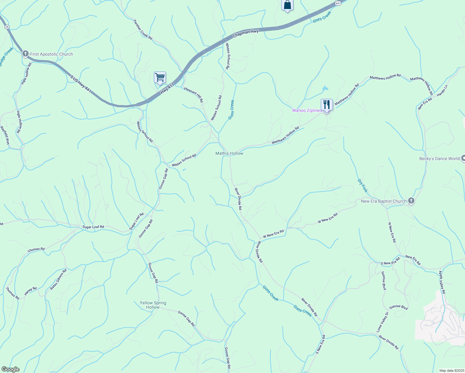 map of restaurants, bars, coffee shops, grocery stores, and more near 668 River Divide Road in Sevierville