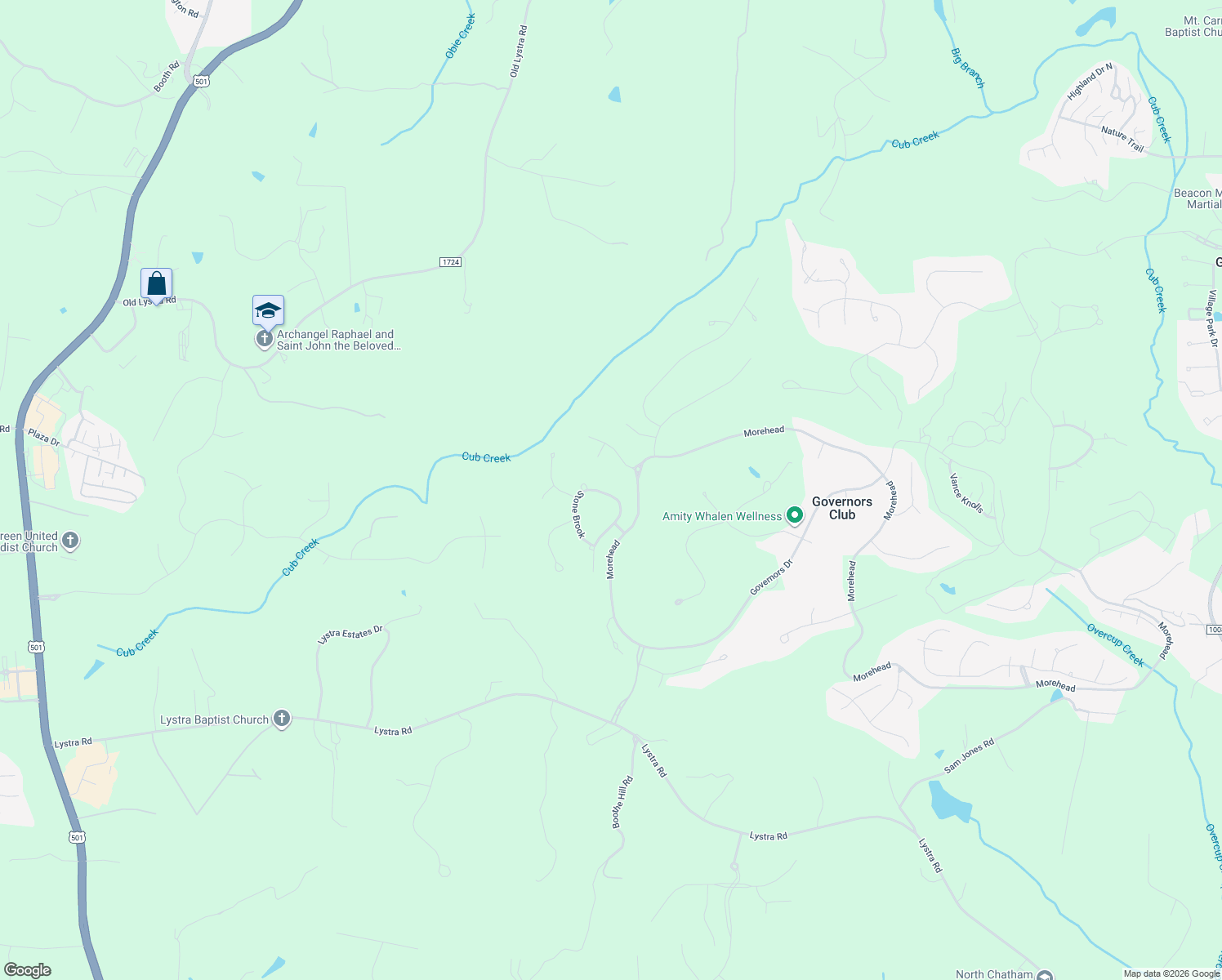 map of restaurants, bars, coffee shops, grocery stores, and more near 19018 Stone Brook in Chapel Hill