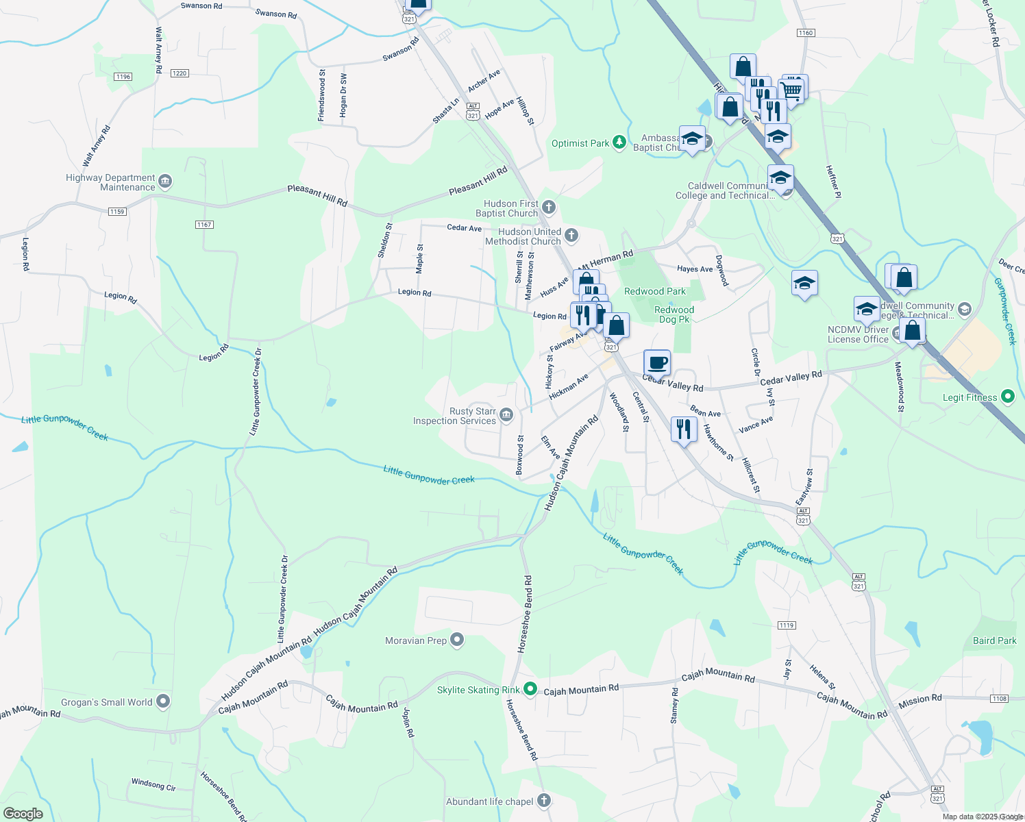 map of restaurants, bars, coffee shops, grocery stores, and more near 579 Boxwood Street in Hudson