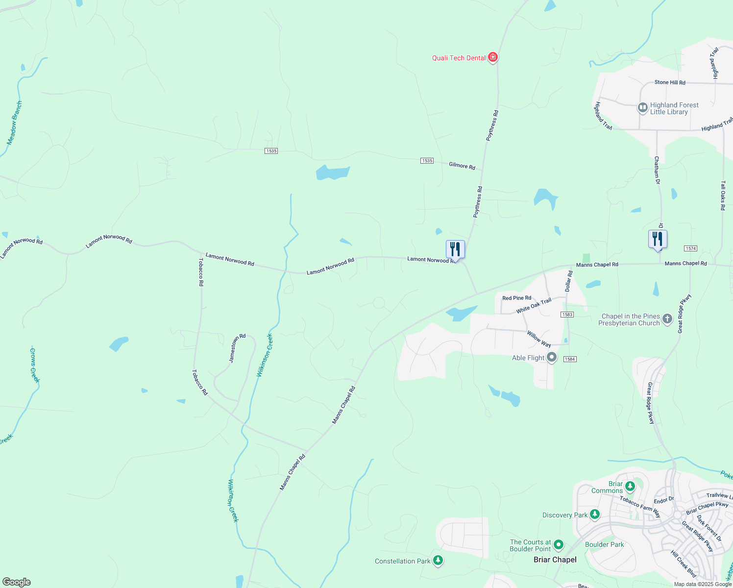 map of restaurants, bars, coffee shops, grocery stores, and more near 120 Grove Park Circle in Pittsboro