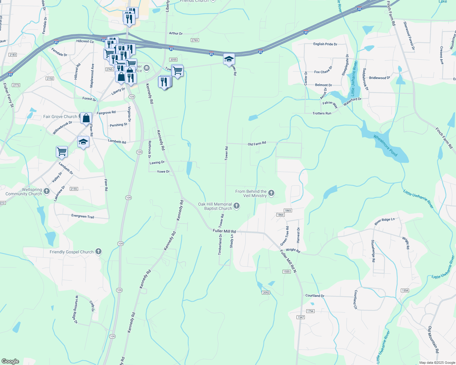 map of restaurants, bars, coffee shops, grocery stores, and more near 1605 Tower Road in Thomasville