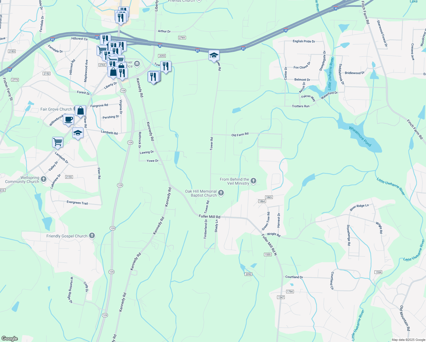 map of restaurants, bars, coffee shops, grocery stores, and more near 1605 Tower Road in Thomasville