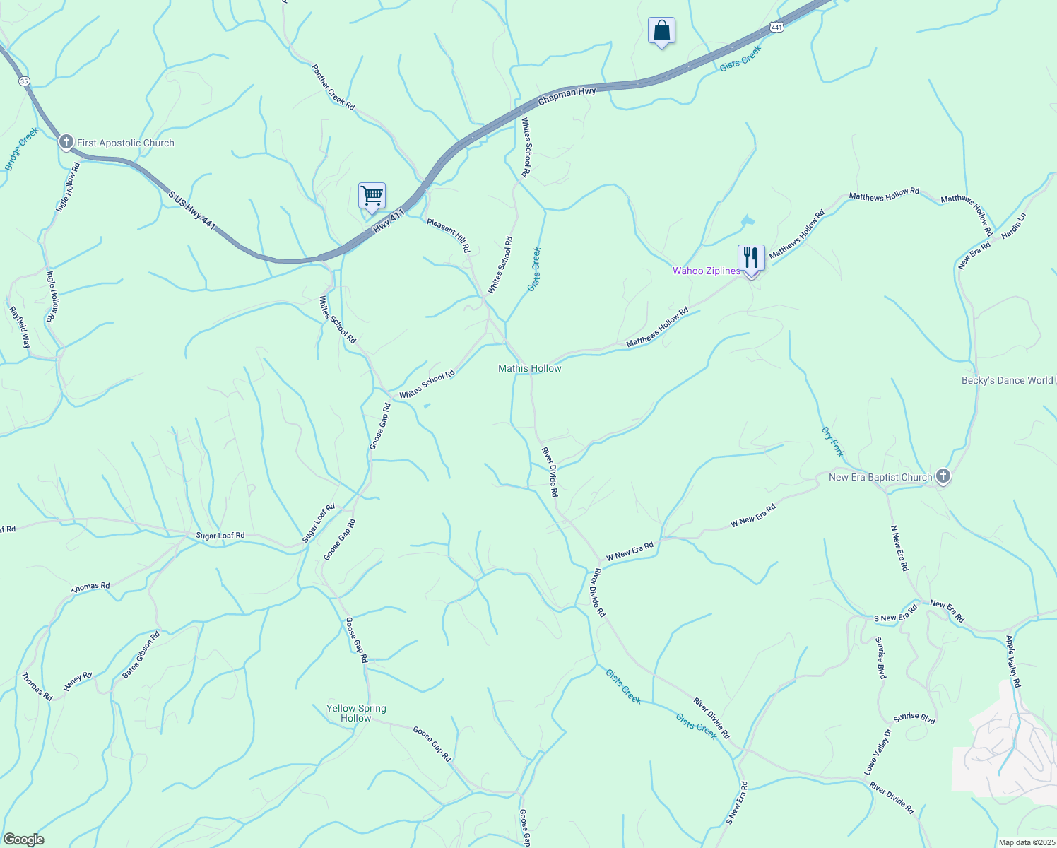 map of restaurants, bars, coffee shops, grocery stores, and more near 668 River Divide Road in Sevierville