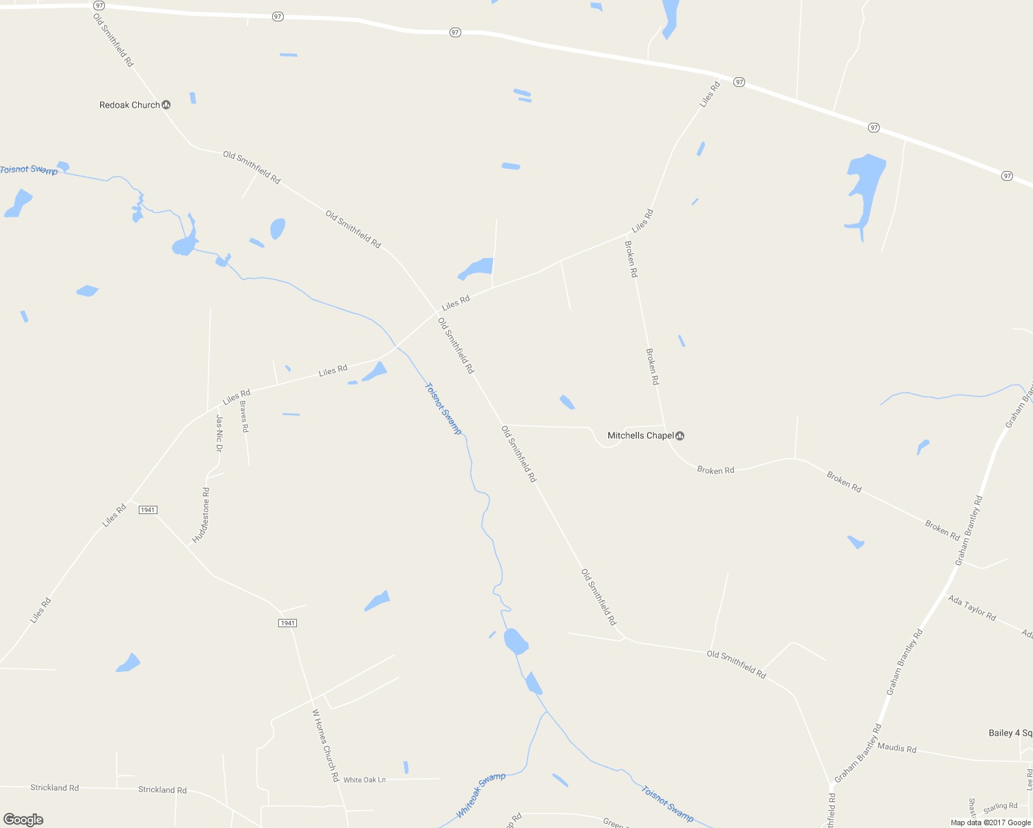 map of restaurants, bars, coffee shops, grocery stores, and more near 7781 Old Smithfield Road in Bailey