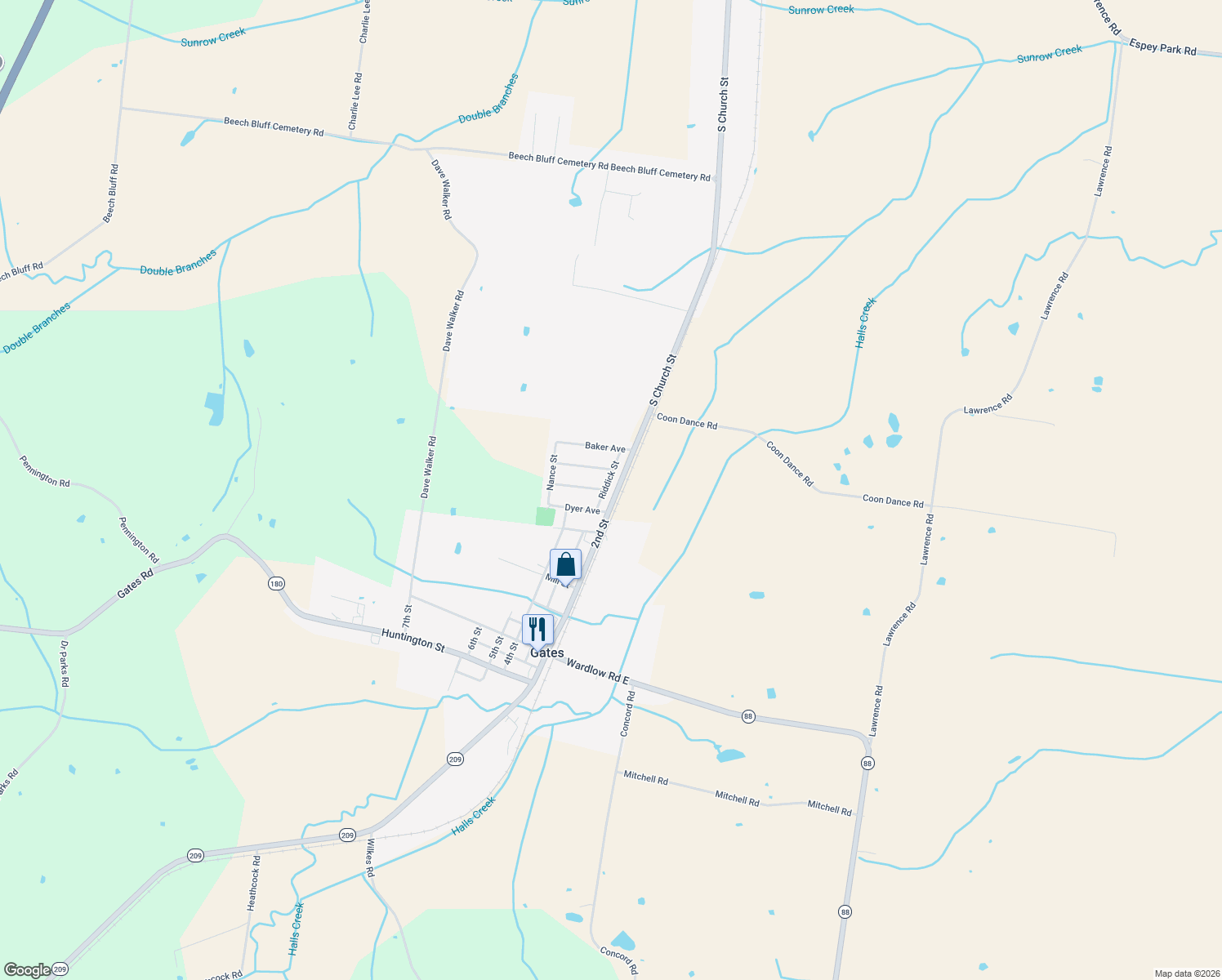 map of restaurants, bars, coffee shops, grocery stores, and more near 72 Riddick Street in Gates