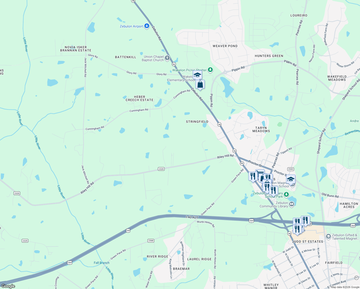 map of restaurants, bars, coffee shops, grocery stores, and more near 8501 Riley Hill Road in Zebulon