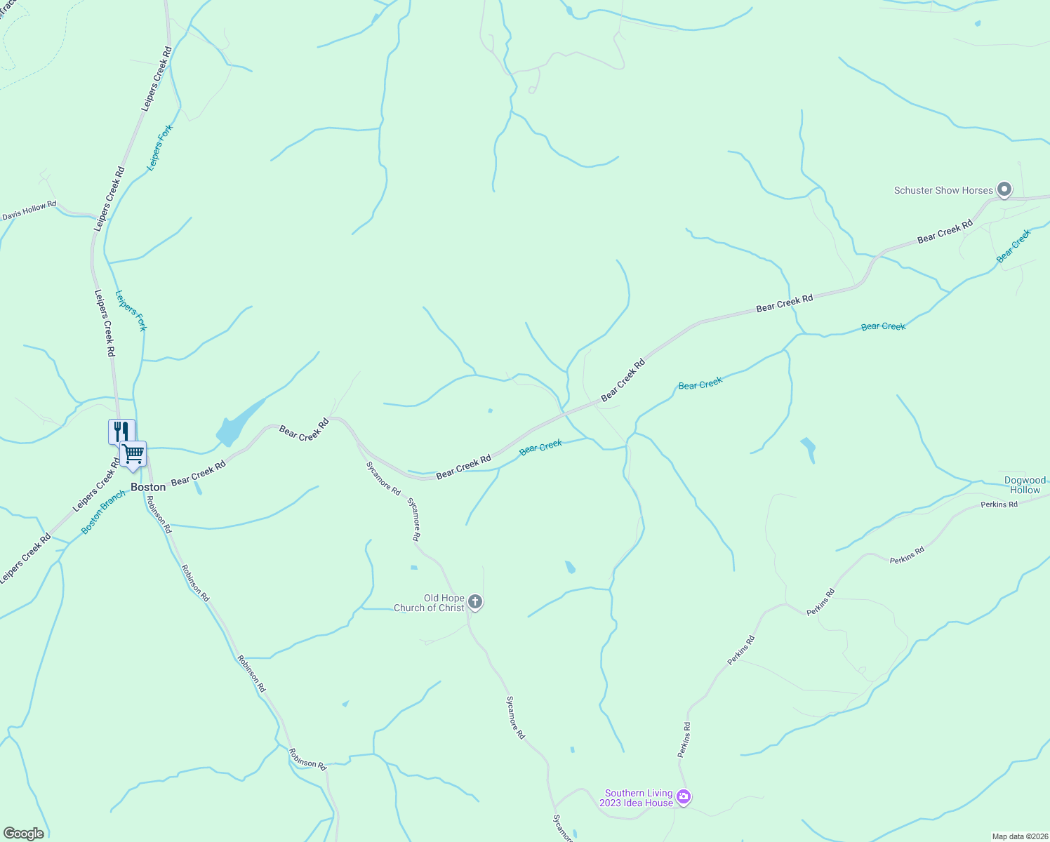 map of restaurants, bars, coffee shops, grocery stores, and more near 3802 Bear Creek Road in Thompson's Station