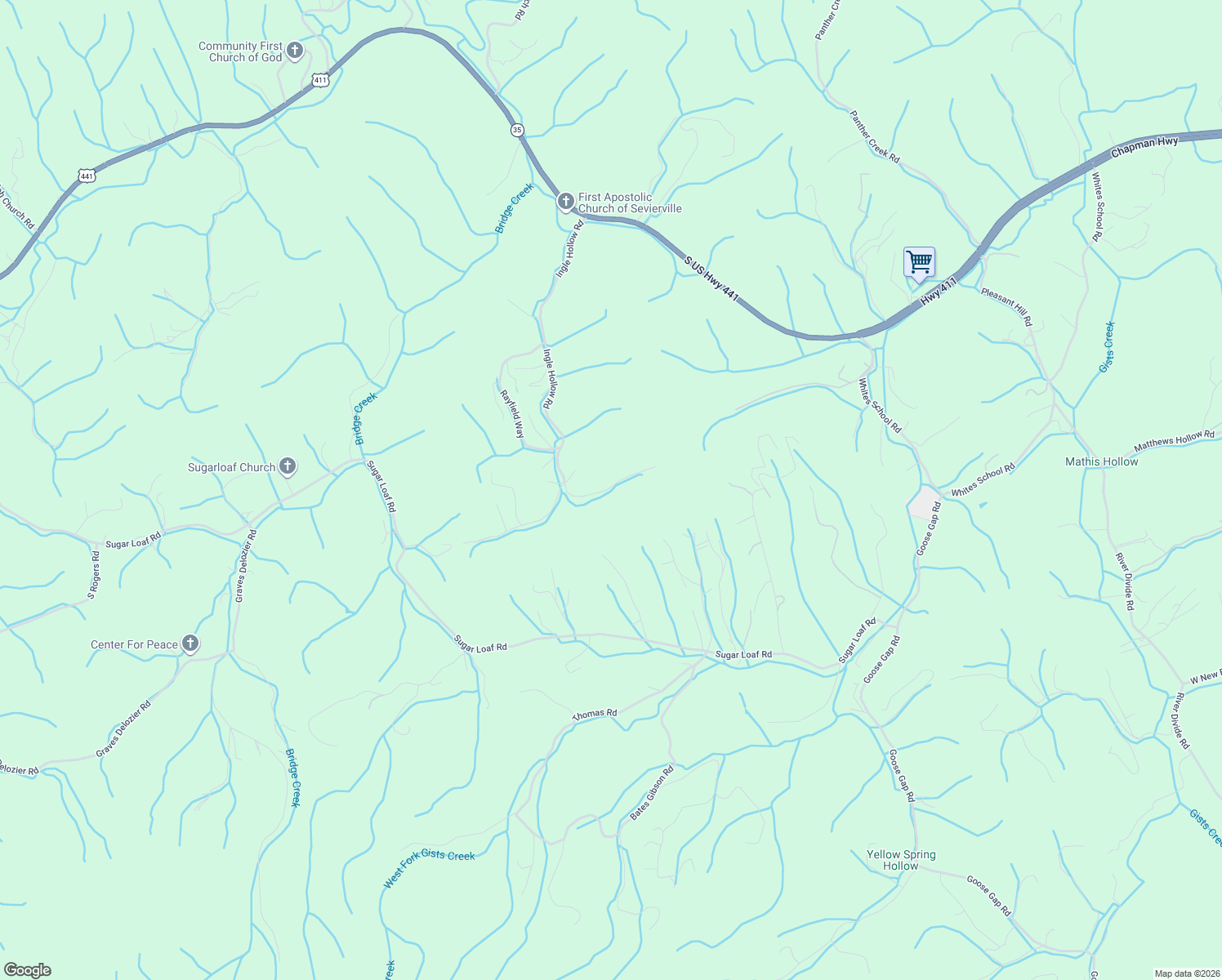 map of restaurants, bars, coffee shops, grocery stores, and more near 330 Swadis Drive in Pigeon Forge
