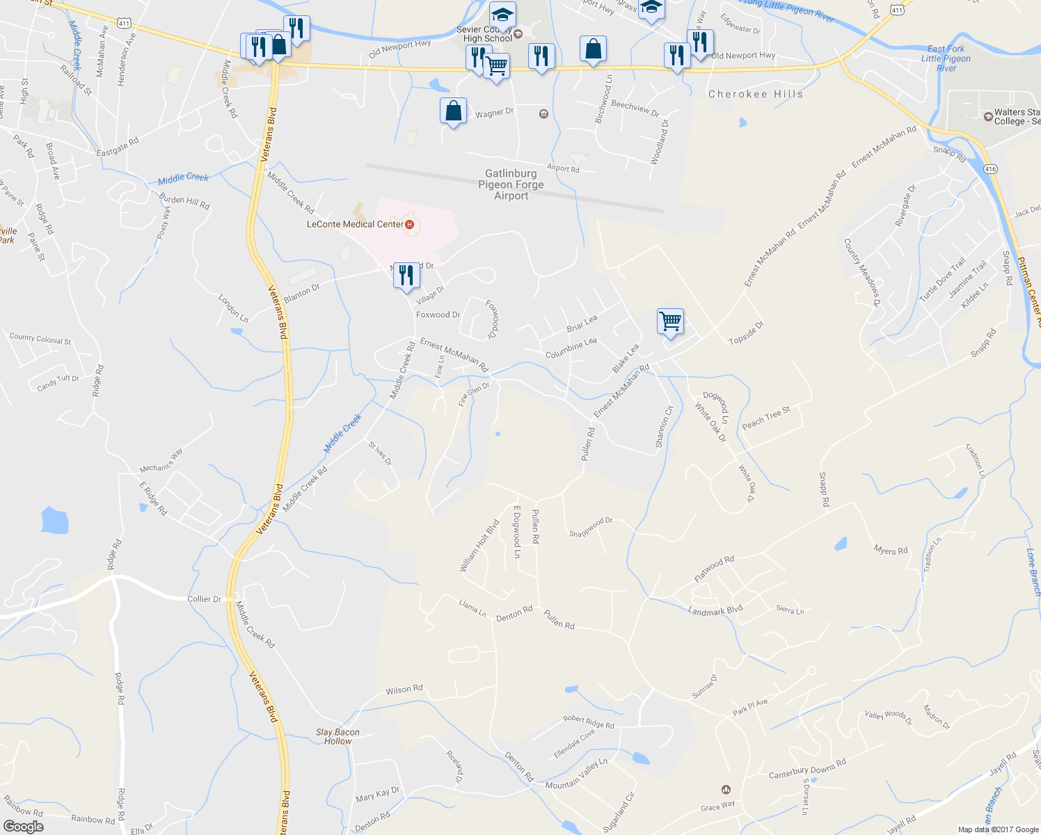 map of restaurants, bars, coffee shops, grocery stores, and more near 1109 Ernest McMahan Road in Sevierville
