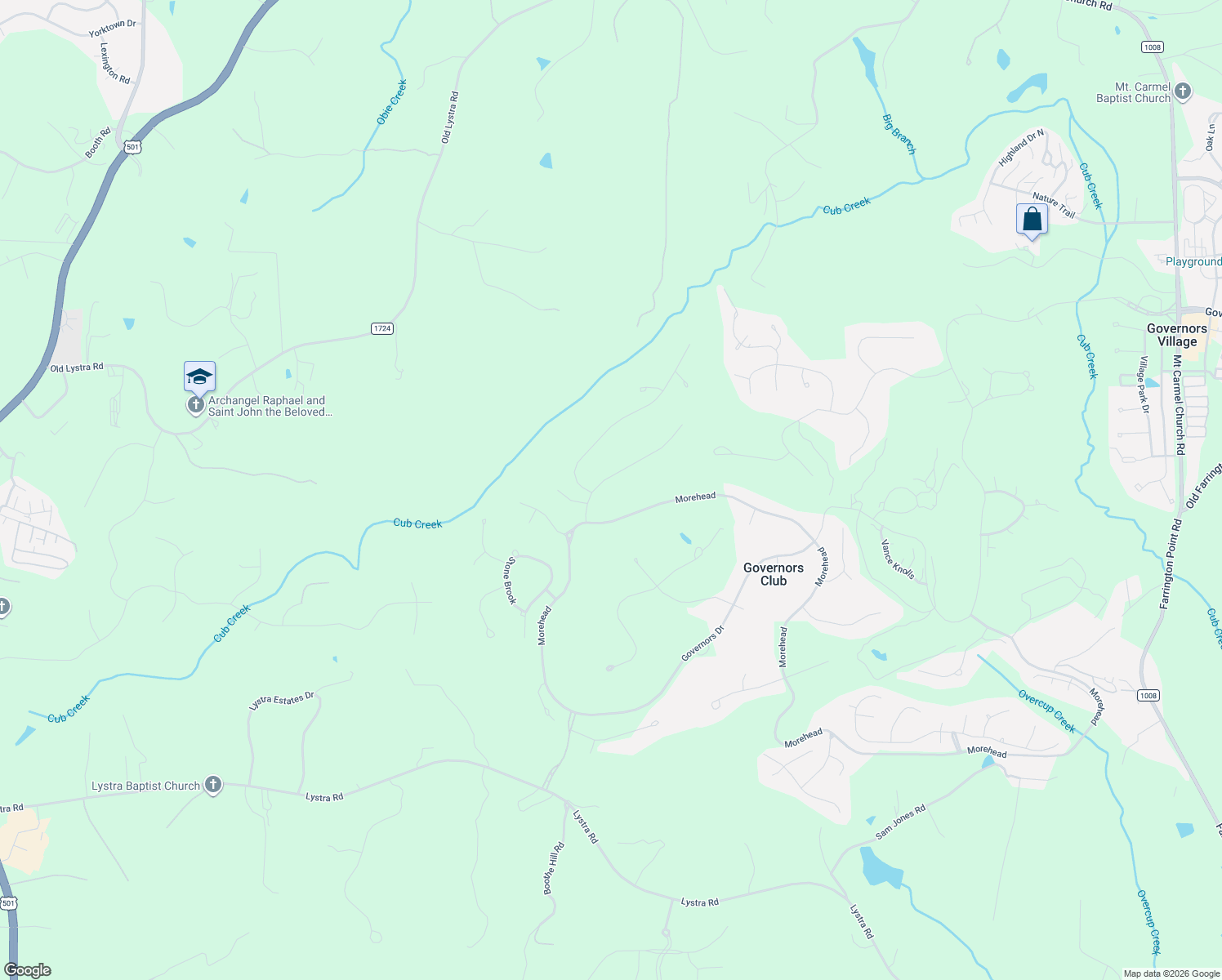 map of restaurants, bars, coffee shops, grocery stores, and more near 97514 Franklin Ridge in Chapel Hill