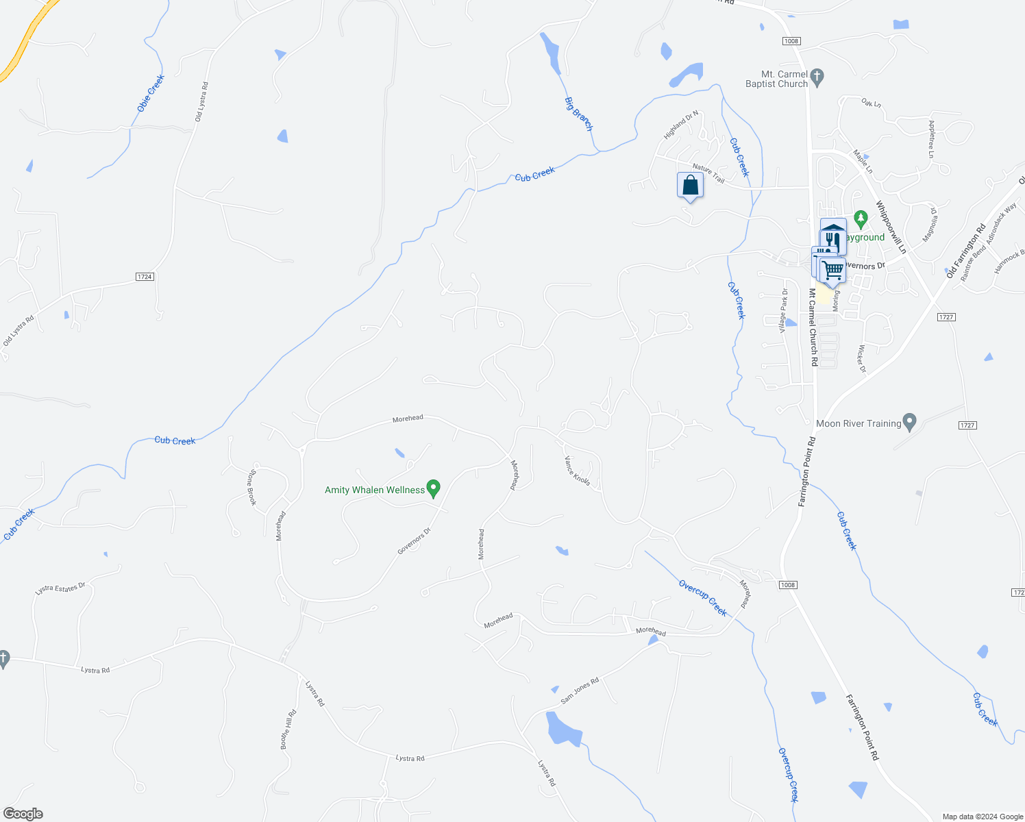 map of restaurants, bars, coffee shops, grocery stores, and more near 10417 Manly in Chapel Hill