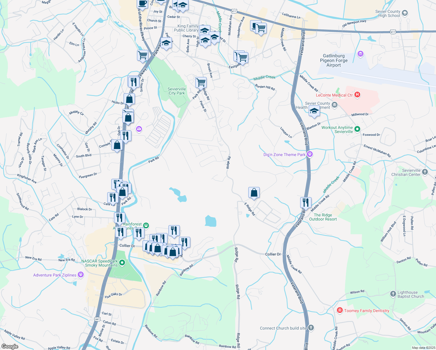 map of restaurants, bars, coffee shops, grocery stores, and more near 100 Mary Lee Way in Sevierville