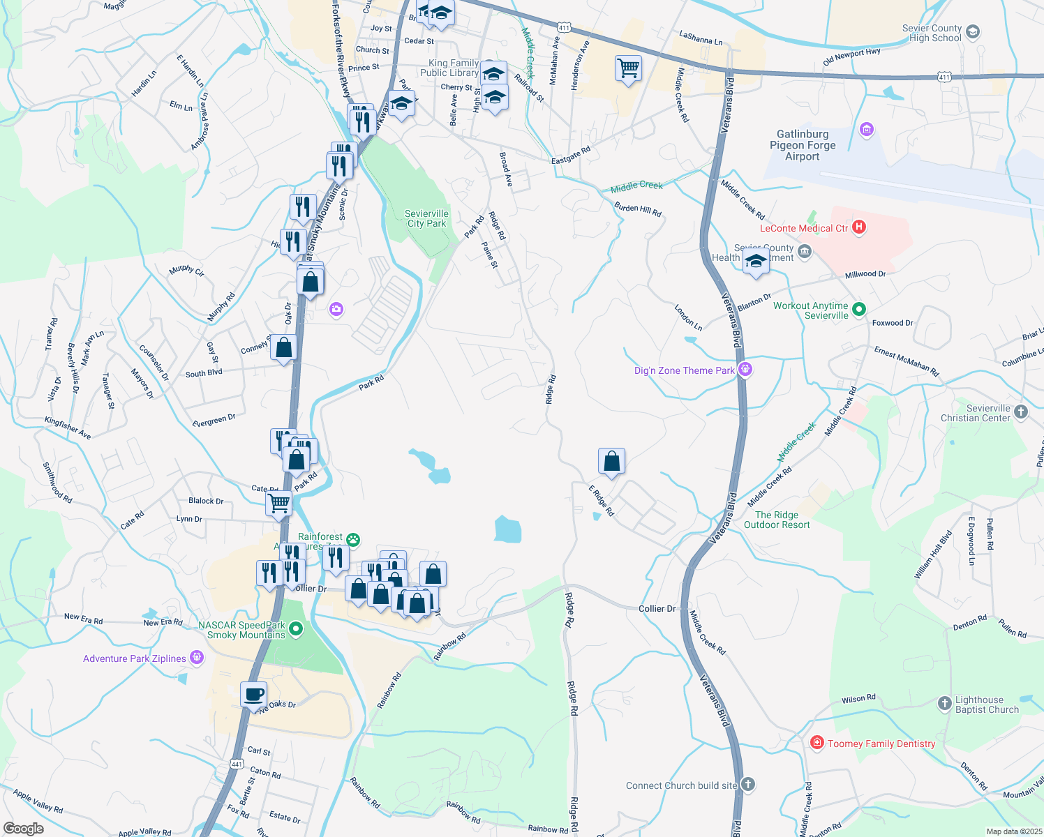 map of restaurants, bars, coffee shops, grocery stores, and more near 100 Mary Lee Way in Sevierville