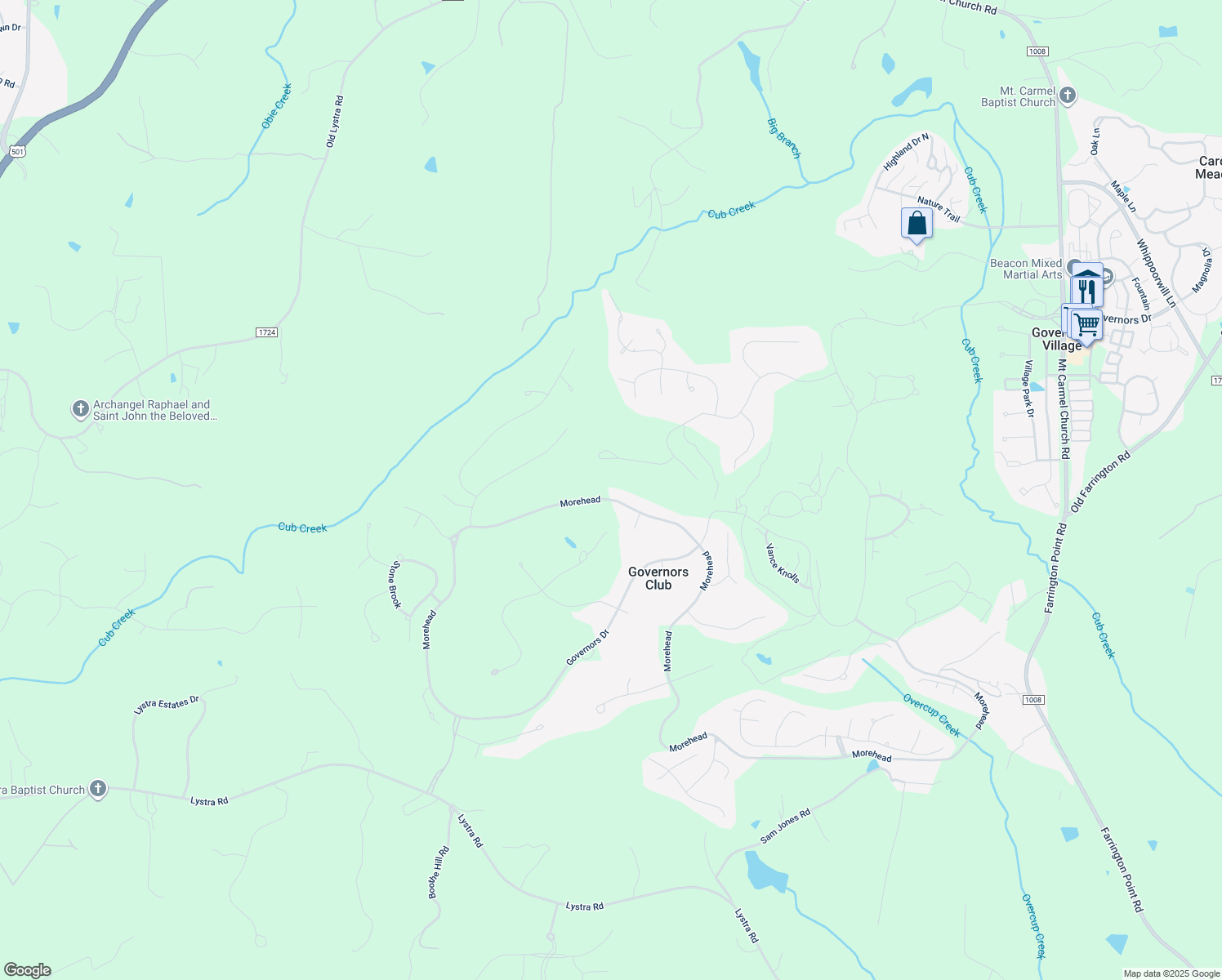 map of restaurants, bars, coffee shops, grocery stores, and more near 13012 Morehead in Chapel Hill
